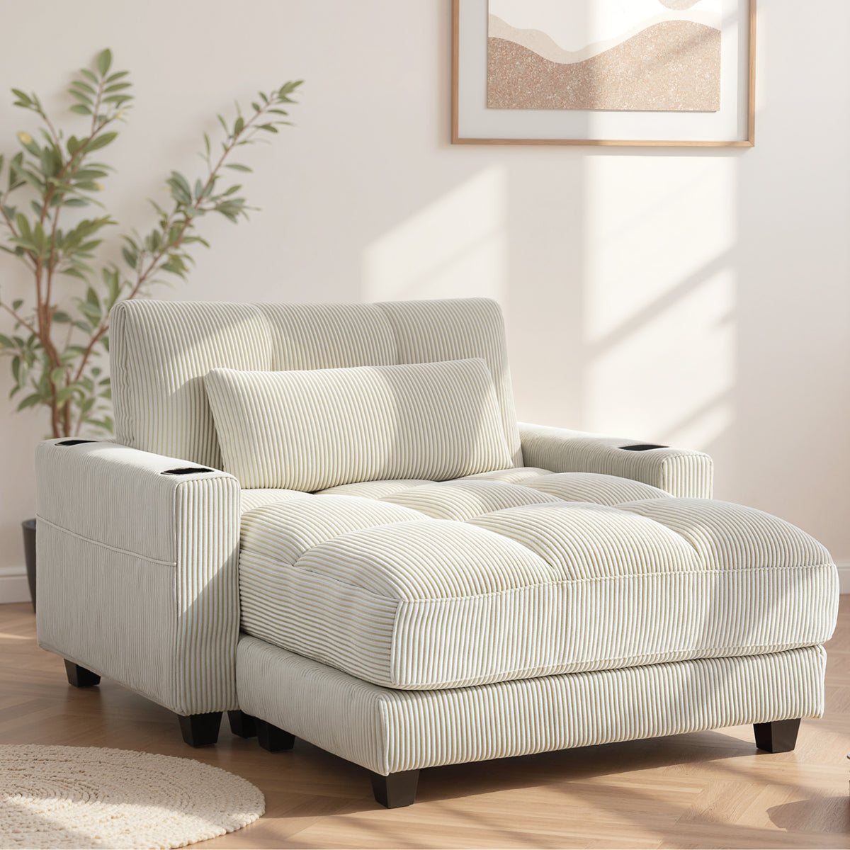 58" Chaise Lounge Chair Indoor, Oversized Corduroy Upholstered Sofa Bed, 2 Cup Holders, Pillow, Deep Seat Sleeper Couch Reading Chair for Living Room, Bedroom, Cream White