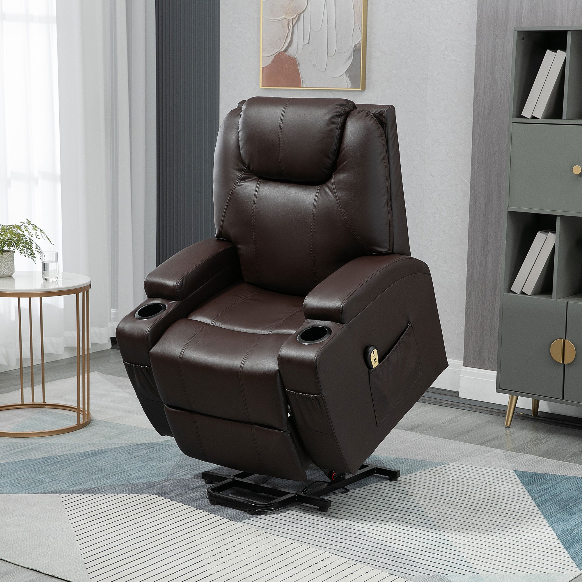 HOMCOM Power Lift Chair for Elderly, PU Leather Recliner Sofa Chair with Footrest, Remote Control, Side Pockets and Cup Holders, Brown