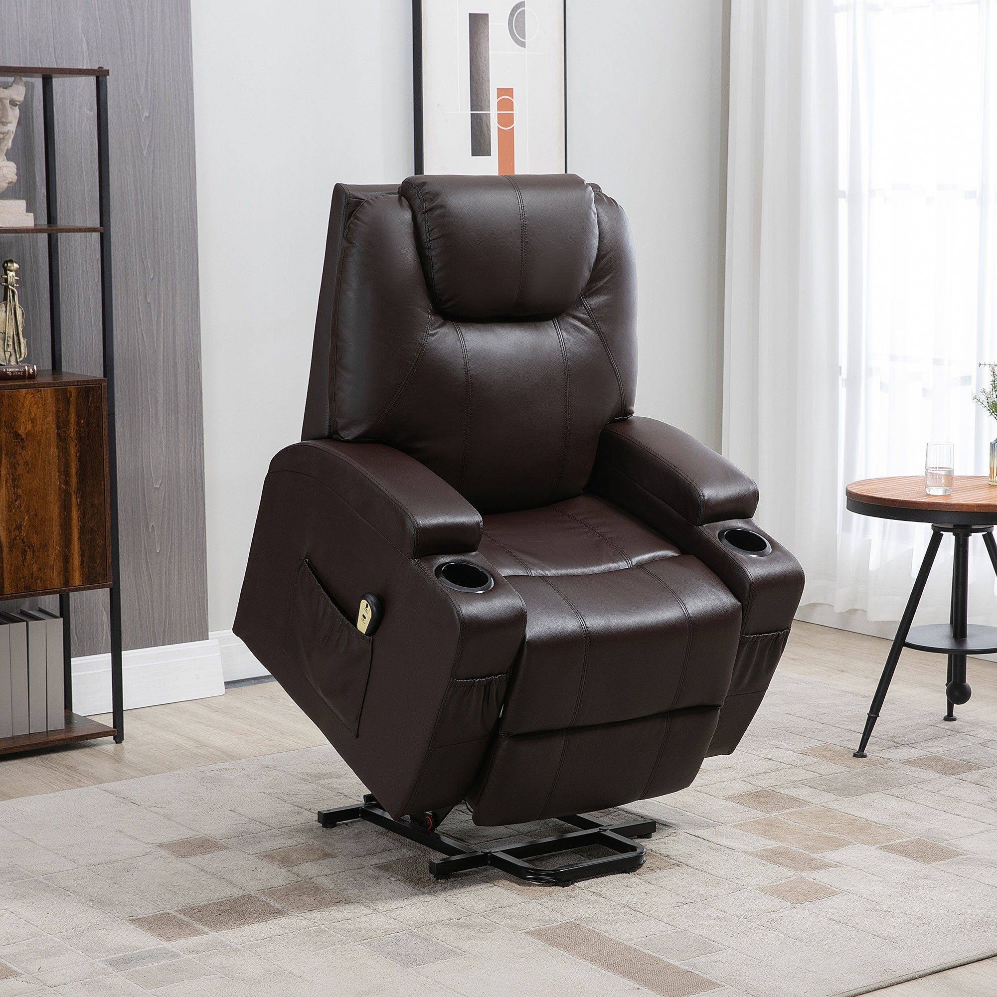 HOMCOM Power Lift Chair for Elderly, PU Leather Recliner Sofa Chair with Footrest, Remote Control, Side Pockets and Cup Holders, Brown