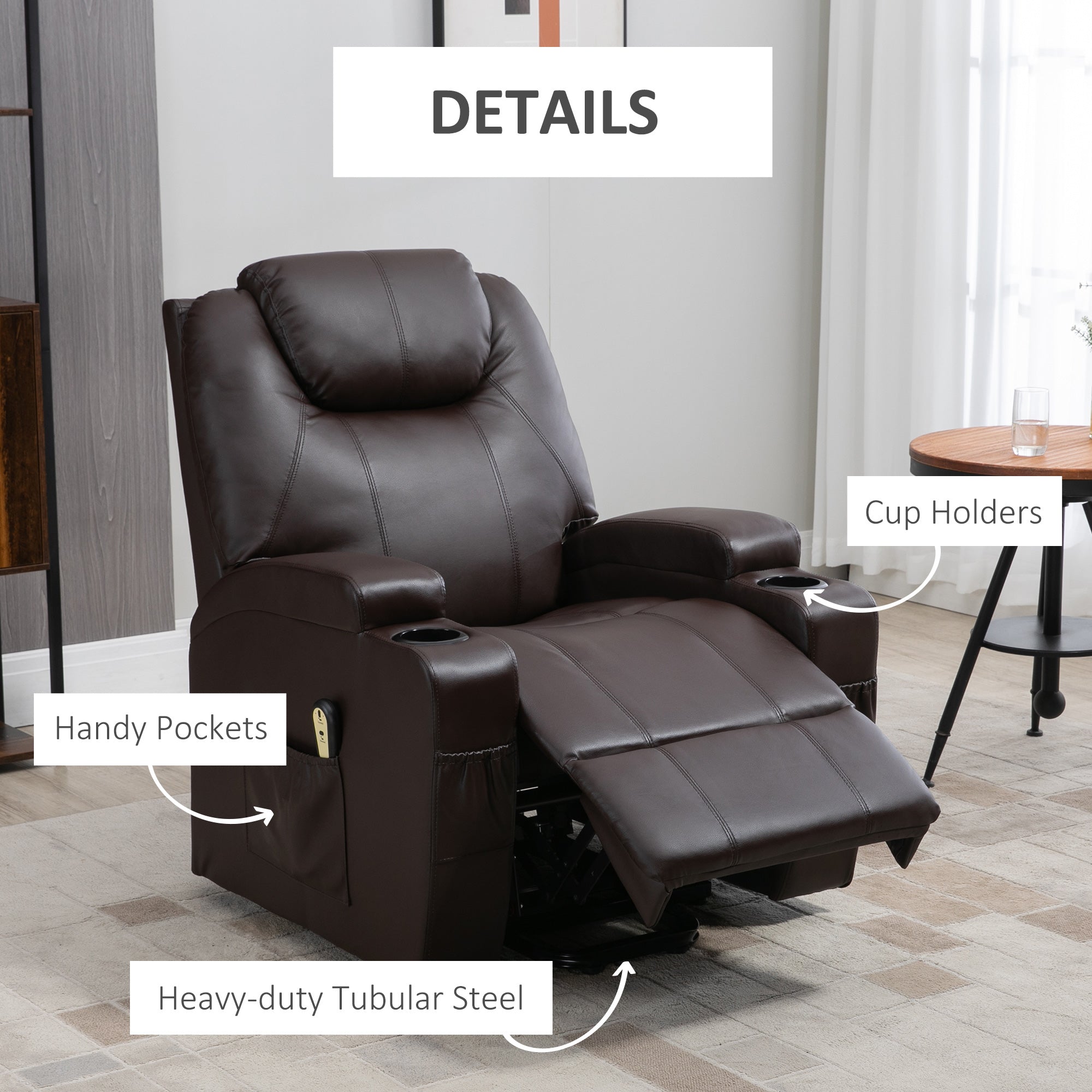 HOMCOM Power Lift Chair for Elderly, PU Leather Recliner Sofa Chair with Footrest, Remote Control, Side Pockets and Cup Holders, Brown