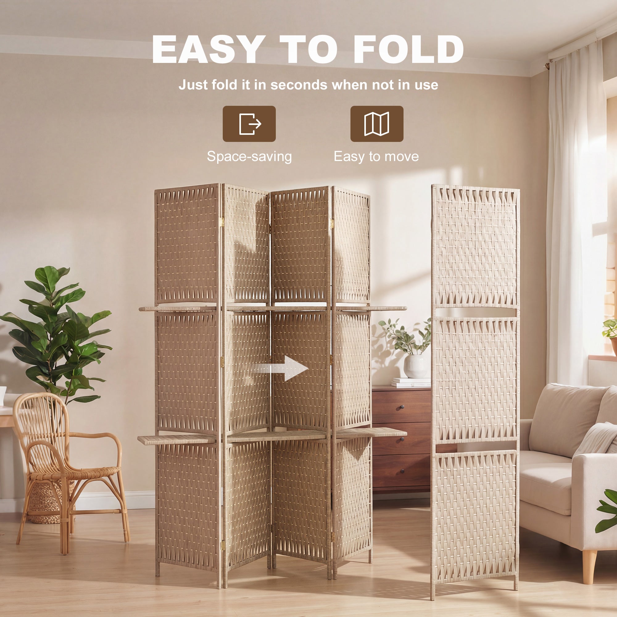 4-Panel Room Divider with Shelves, Wave Fibre Freestanding Folding Privacy Screen Panels, Partition Wall Divider for Indoor Bedroom Office, 180 cm, Natural Wood Finish