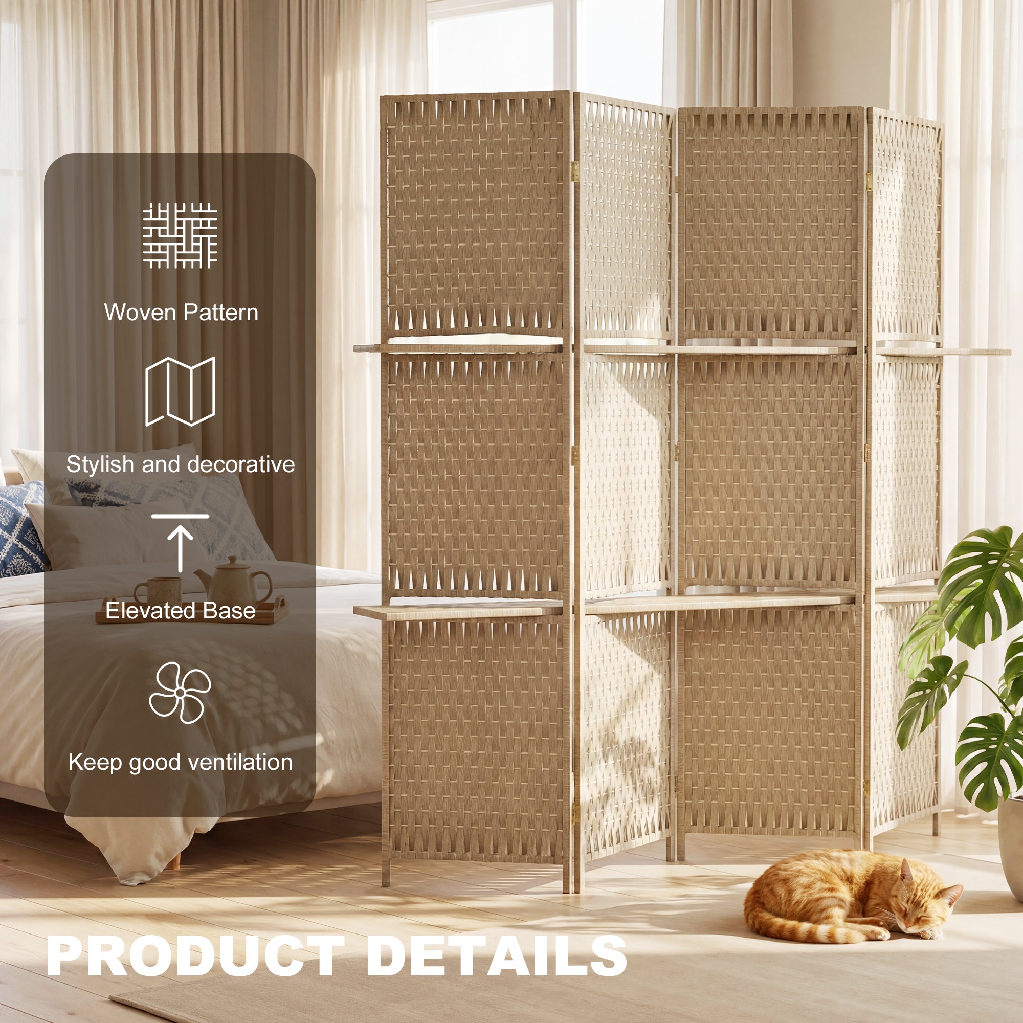 4-Panel Room Divider with Shelves, Wave Fibre Freestanding Folding Privacy Screen Panels, Partition Wall Divider for Indoor Bedroom Office, 180 cm, Natural Wood Finish