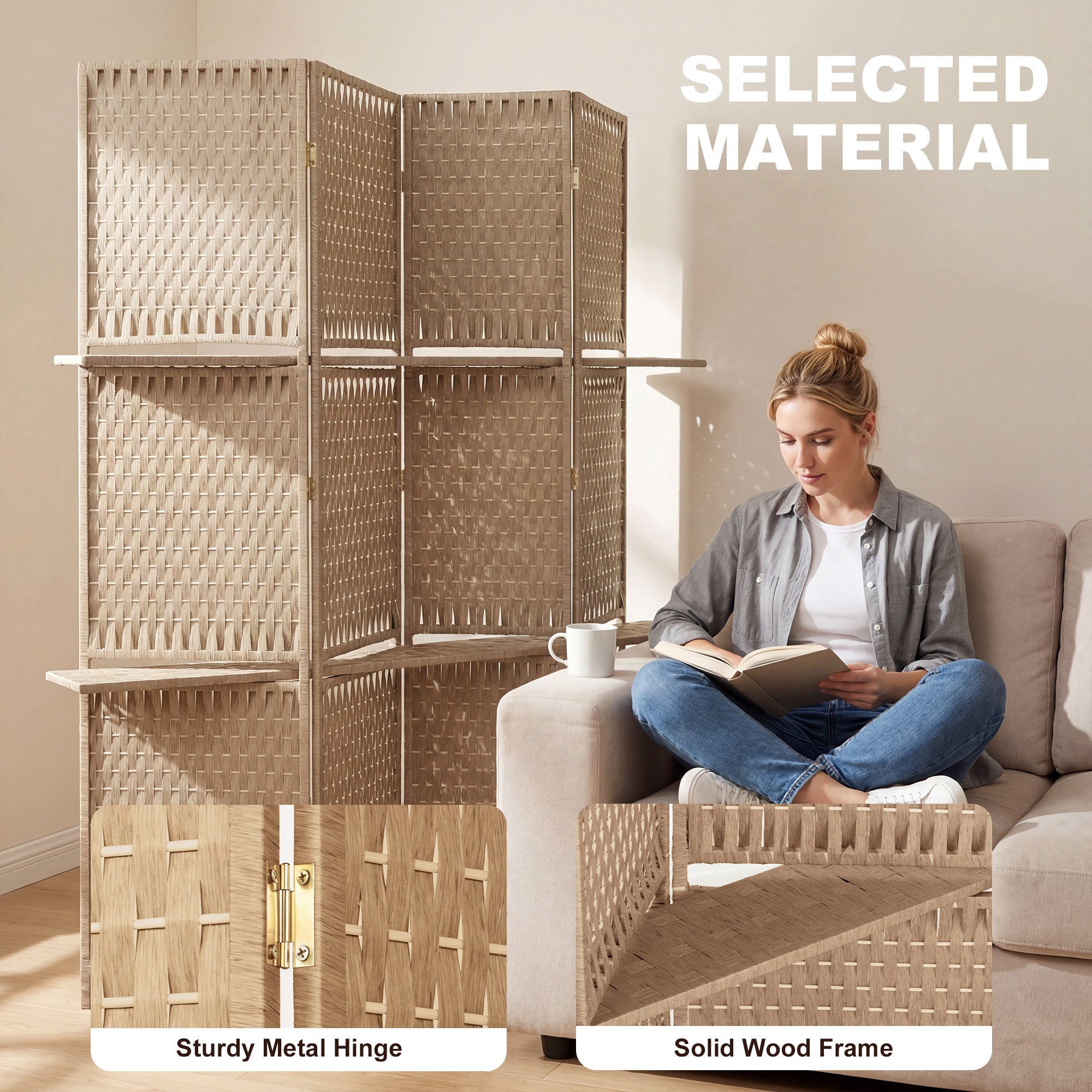 4-Panel Room Divider with Shelves, Wave Fibre Freestanding Folding Privacy Screen Panels, Partition Wall Divider for Indoor Bedroom Office, 180 cm, Natural Wood Finish