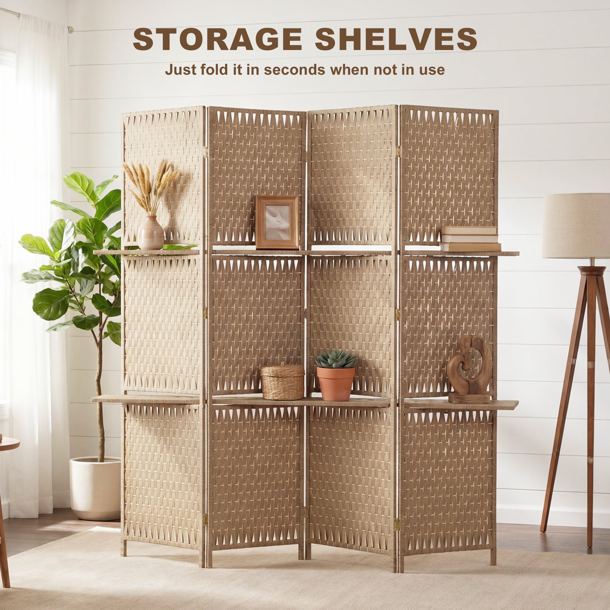 4-Panel Room Divider with Shelves, Wave Fibre Freestanding Folding Privacy Screen Panels, Partition Wall Divider for Indoor Bedroom Office, 180 cm, Natural Wood Finish