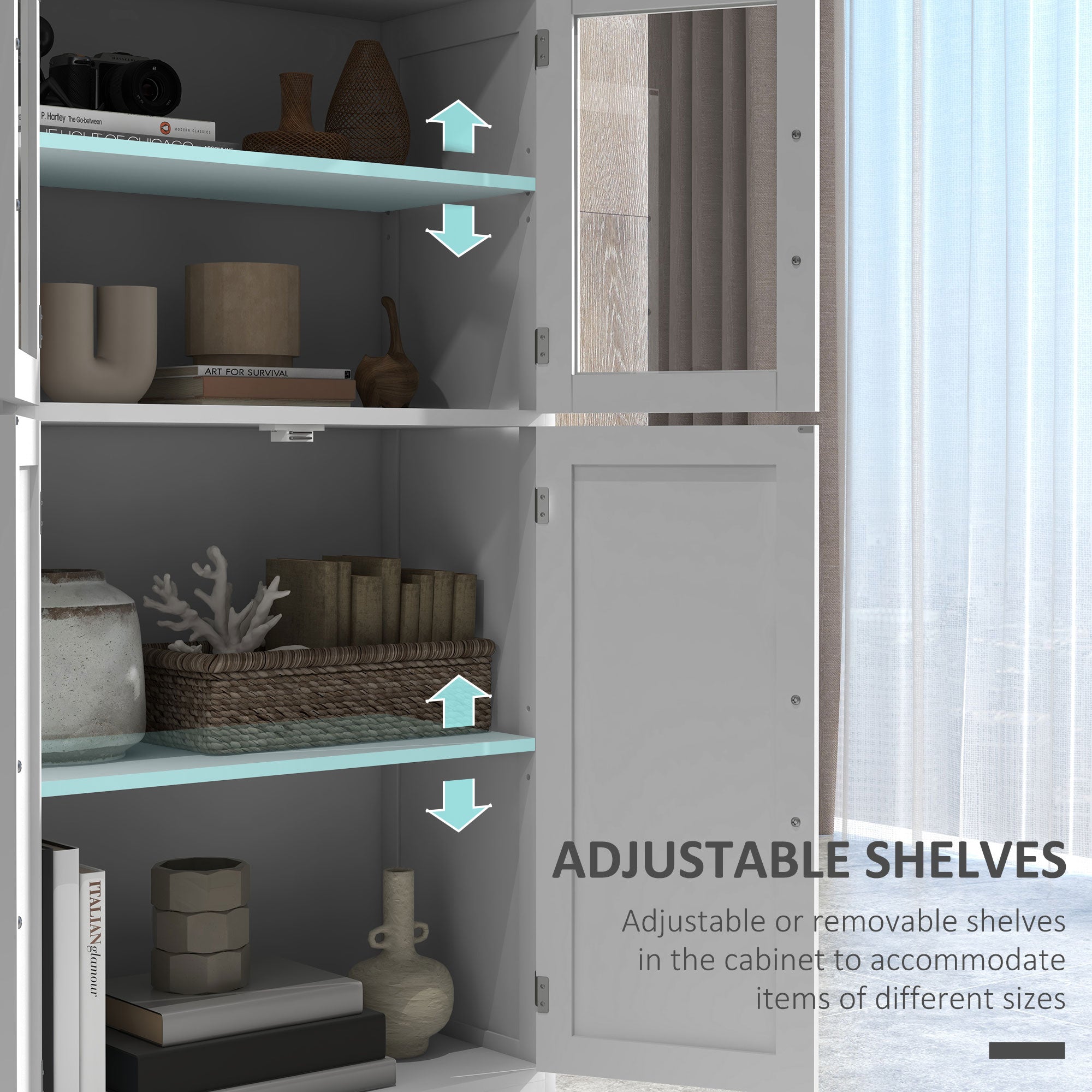 HOMCOM Storage Cabinet, Freestanding Kitchen Cabinet, Modern Sideboard with 4-tier Shelving, Adjustable Shelves and Glass Doors for Living Room, White