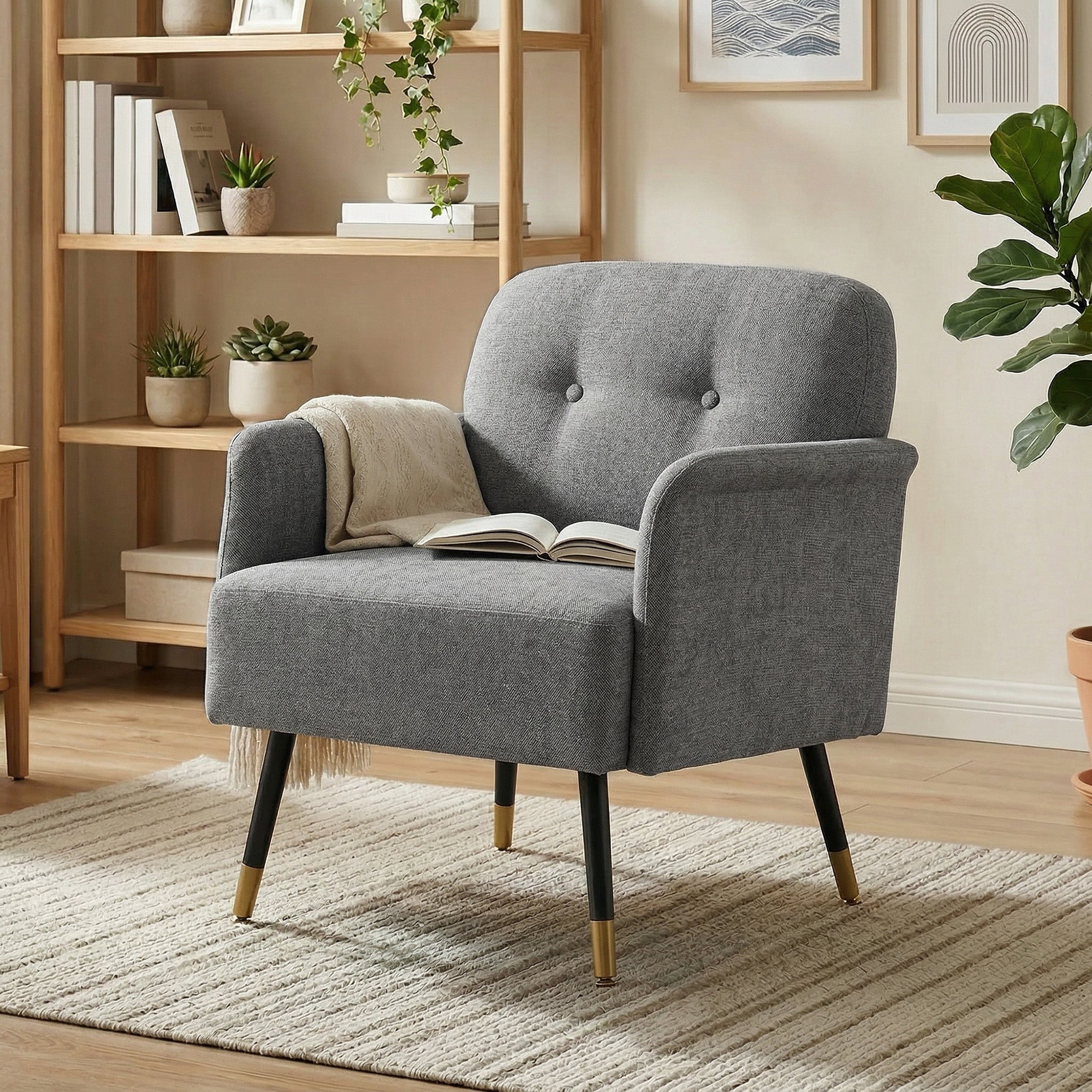 Modern Button Tufted Accent Chair, Upholstered Armchair, Living Room Chair with Thick Cushion and Metal Legs, Grey