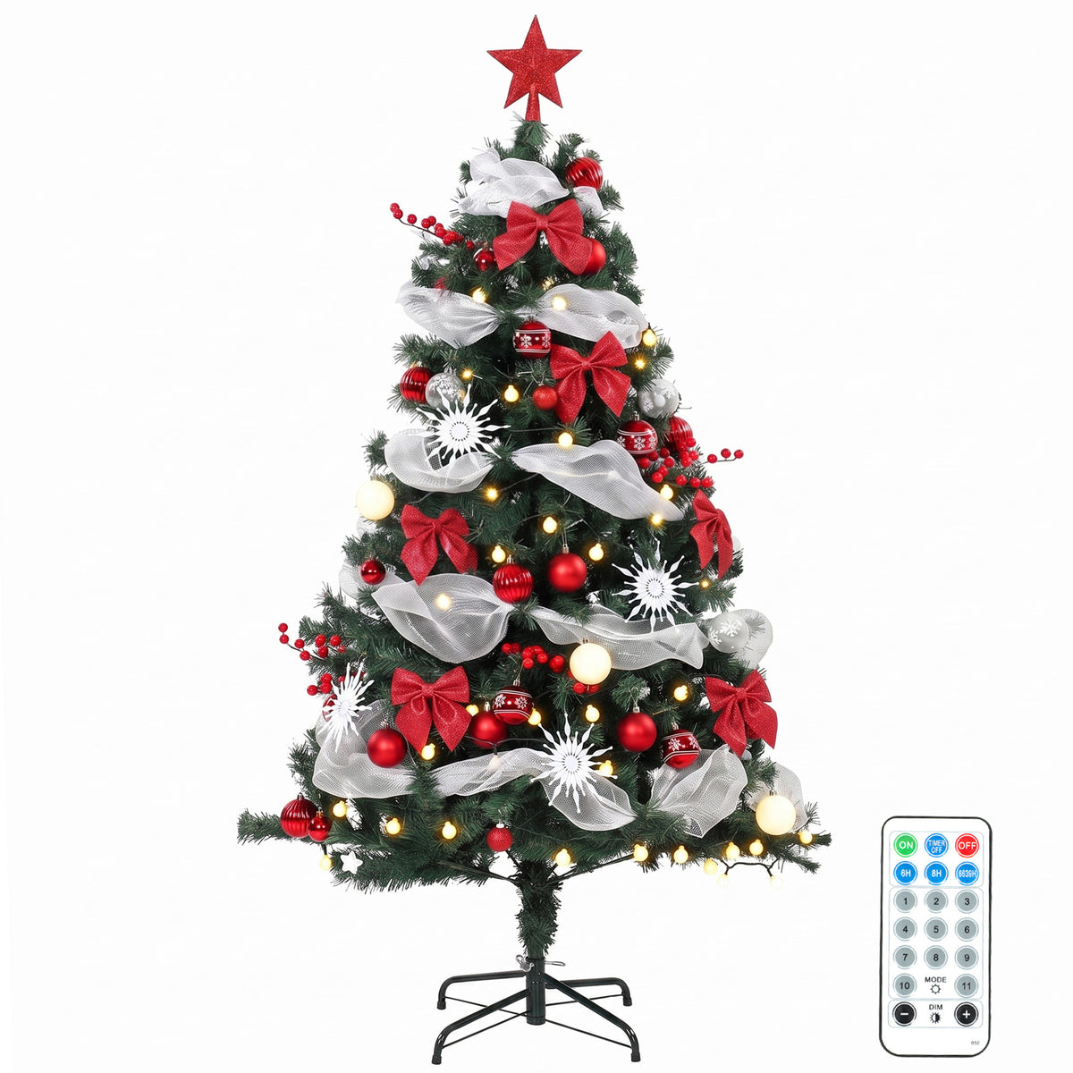 5ft Prelit Christmas Tree Spruce, Remote, Hinged, Artificial Xmas Tree with 8 Modes, 450 Tips, 150 LEDs, Balls, Ribbons, Bows, Foldable Metal Base, Green and Red