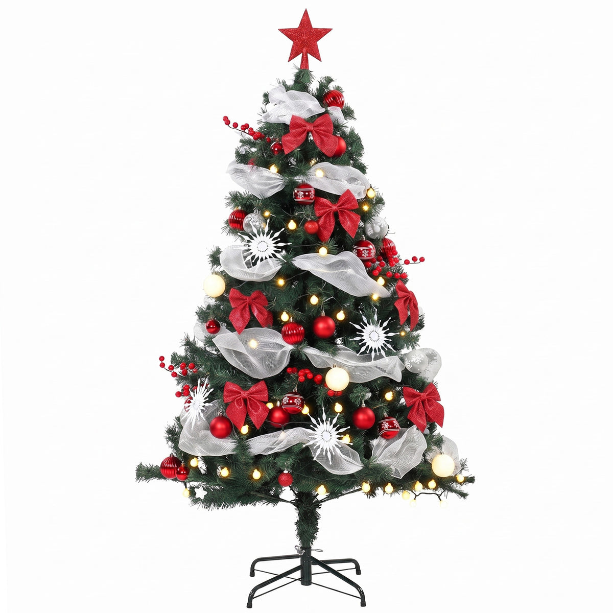 5ft Prelit Christmas Tree Spruce, Remote, Hinged, Artificial Xmas Tree with 8 Modes, 450 Tips, 150 LEDs, Balls, Ribbons, Bows, Foldable Metal Base, Green and Red