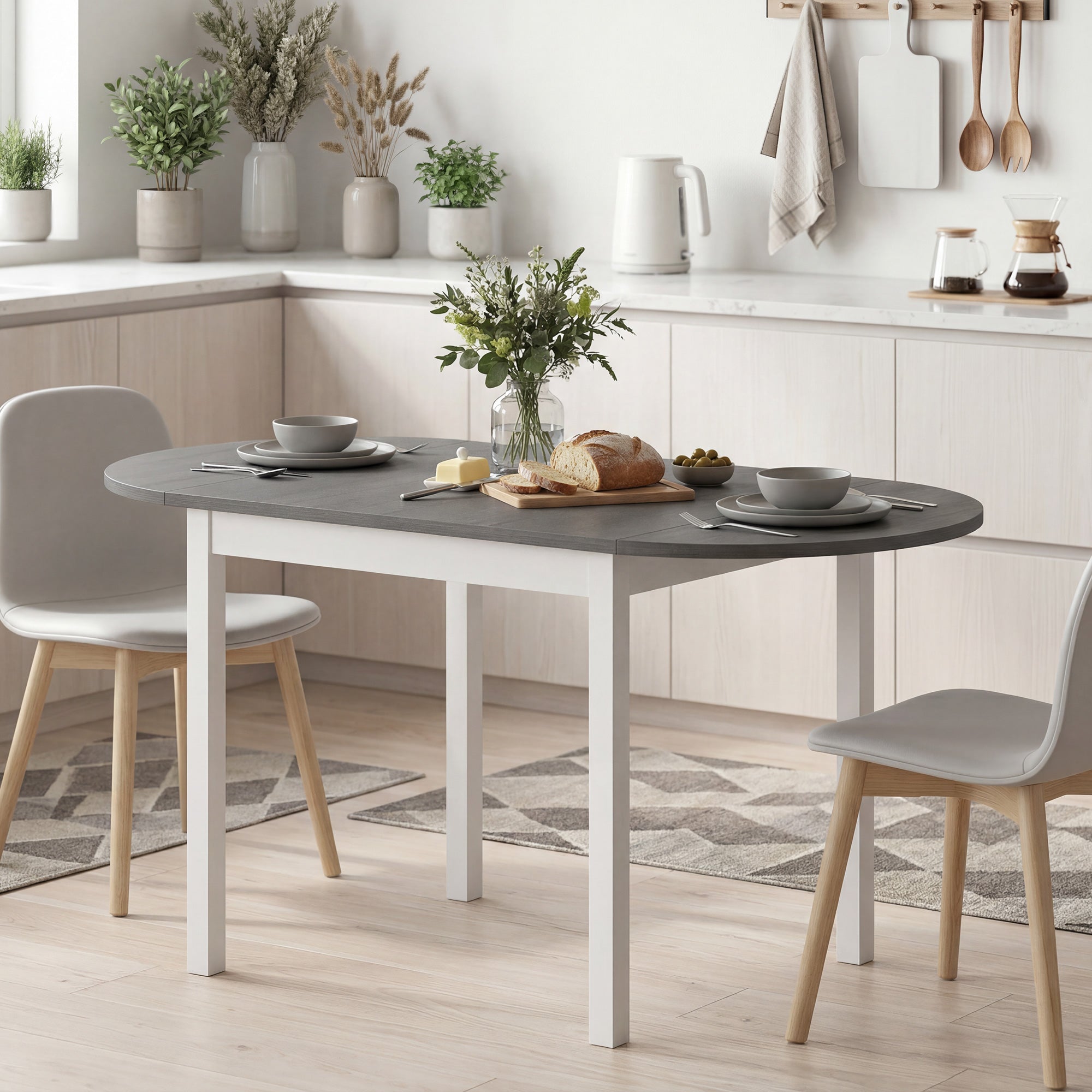 Folding Dining Table for 4-6 People, 140 cm Oval Solid Wood Drop Leaf Table, Kitchen Table for Small Spaces, Dining Room, Living Room, Grey