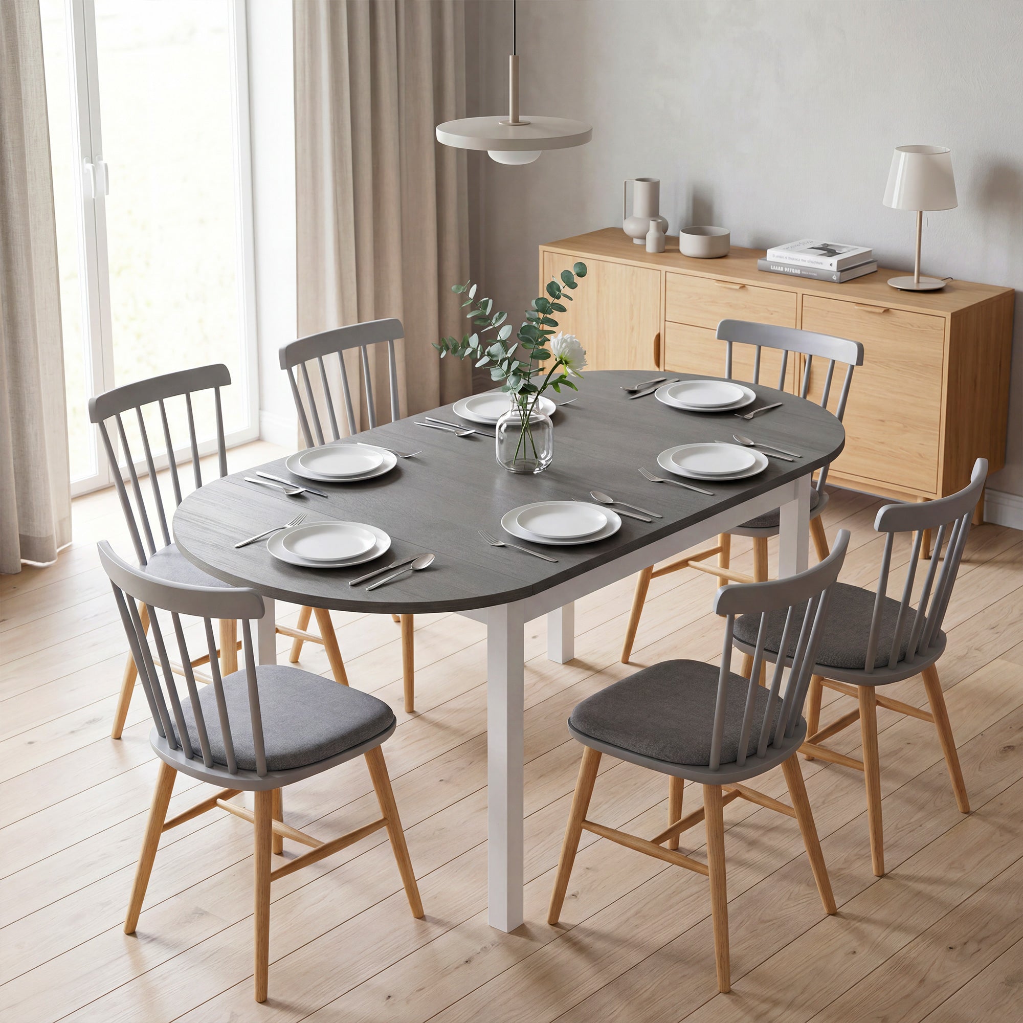 Folding Dining Table for 4-6 People, 140 cm Oval Solid Wood Drop Leaf Table, Kitchen Table for Small Spaces, Dining Room, Living Room, Grey