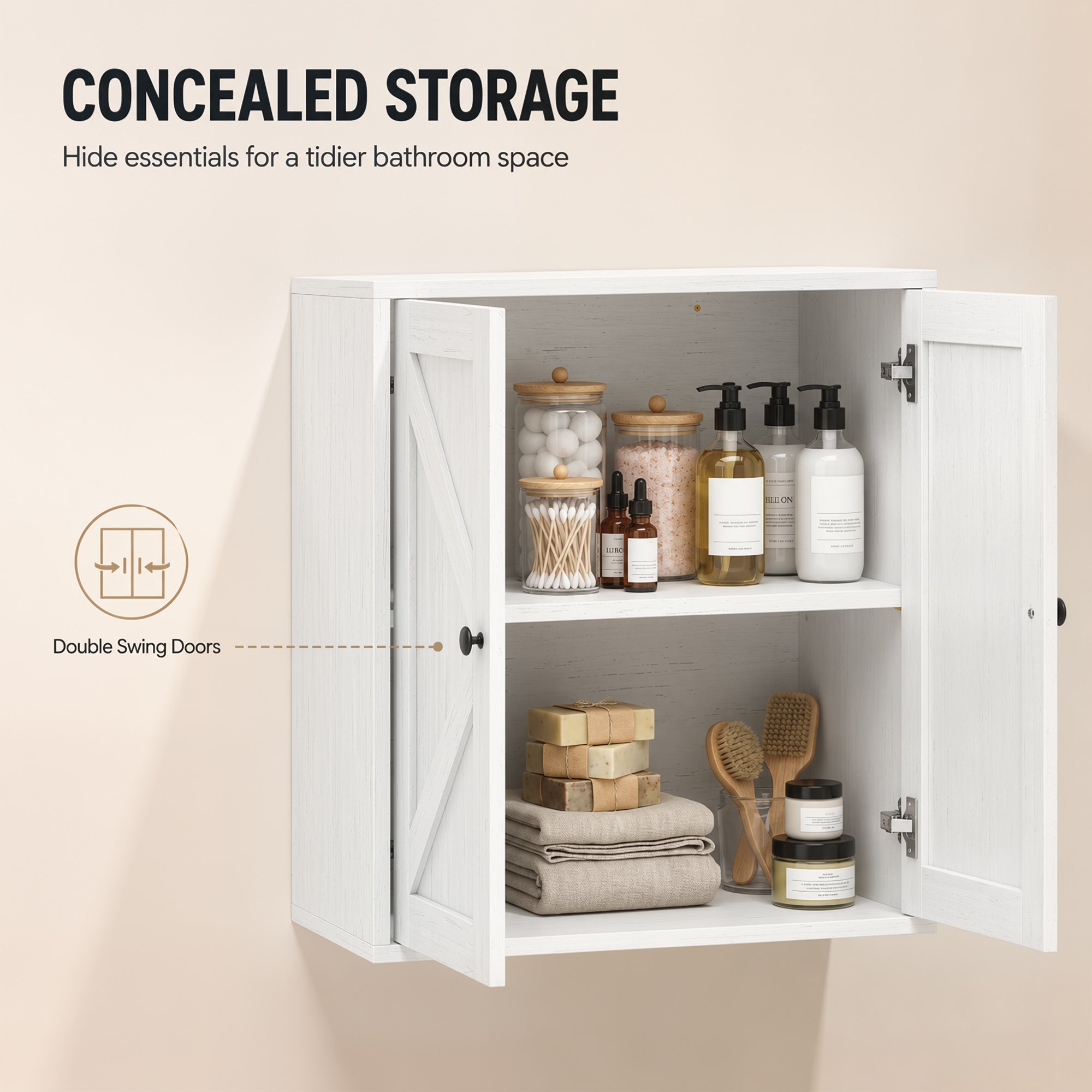 Bathroom Wall Cabinet, Farmhouse Medicine Cabinet, Over The Toilet Space Saver with 2 Shelves, Adjustable Shelf, Barn Doors for Bathroom, Laundry Room, White Wood Grain
