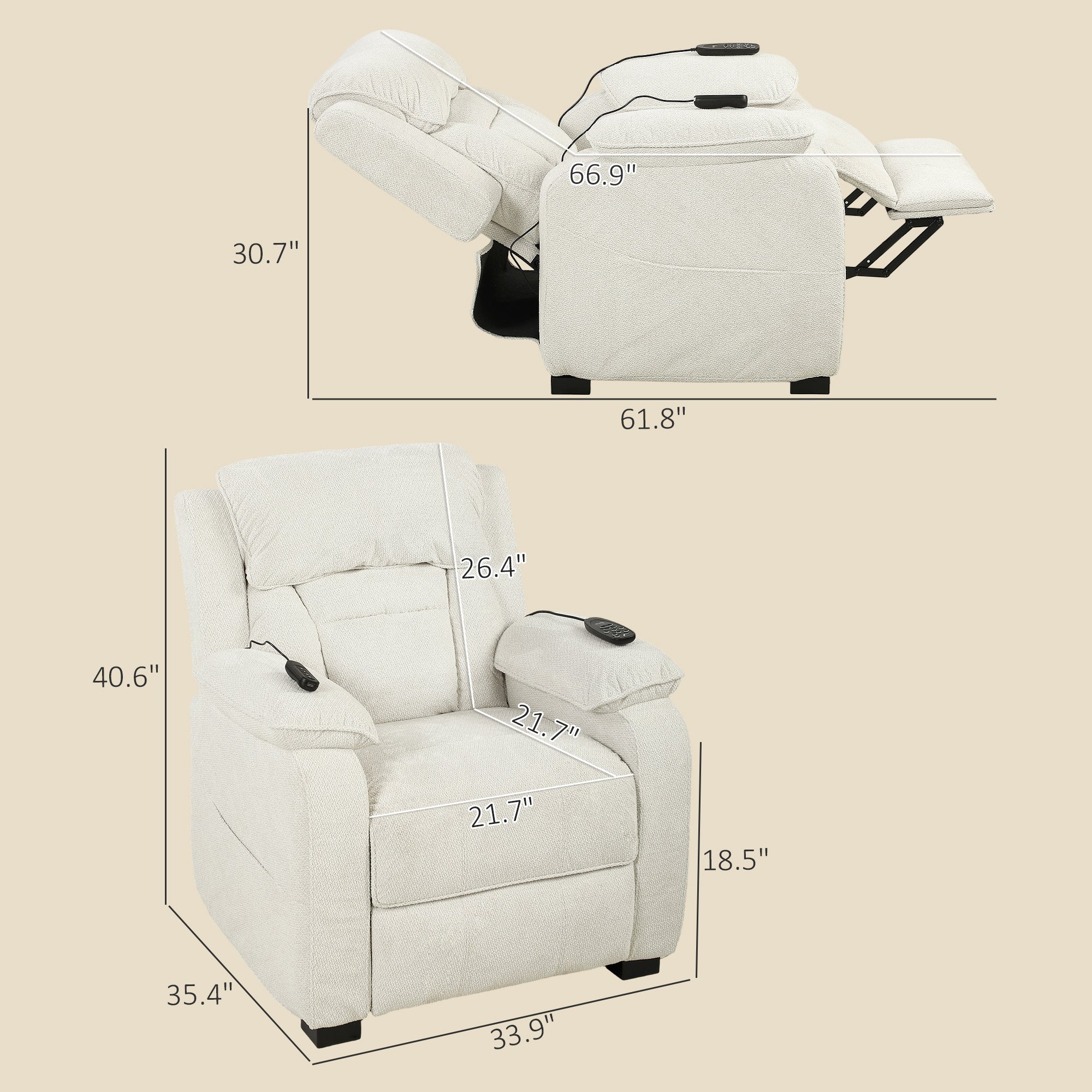 Power Recliner Armchair with Massage and Heat, Velvet-Feel Fabric Quiet Electric Reclining Chair with Wide Spring Seat, Memory Function, High Back, Headrest, USB Port, Side Pockets, Cream White
