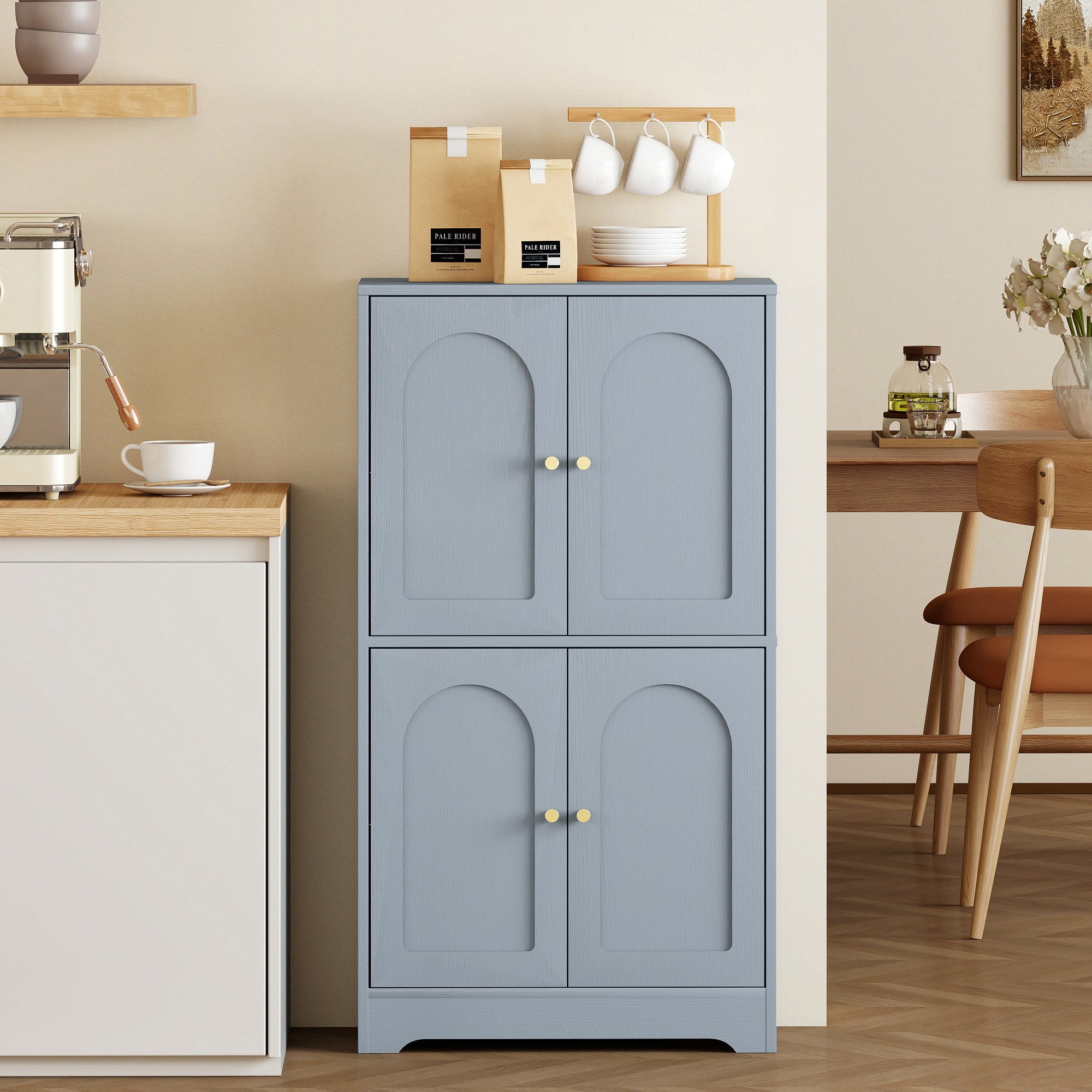 110cm Kitchen Cupboard, Freestanding Kitchen Storage Cabinet with 4 Arched Doors and 2 Adjustable Shelves, Modern Pantry Cupboard for Dining Room, Grey