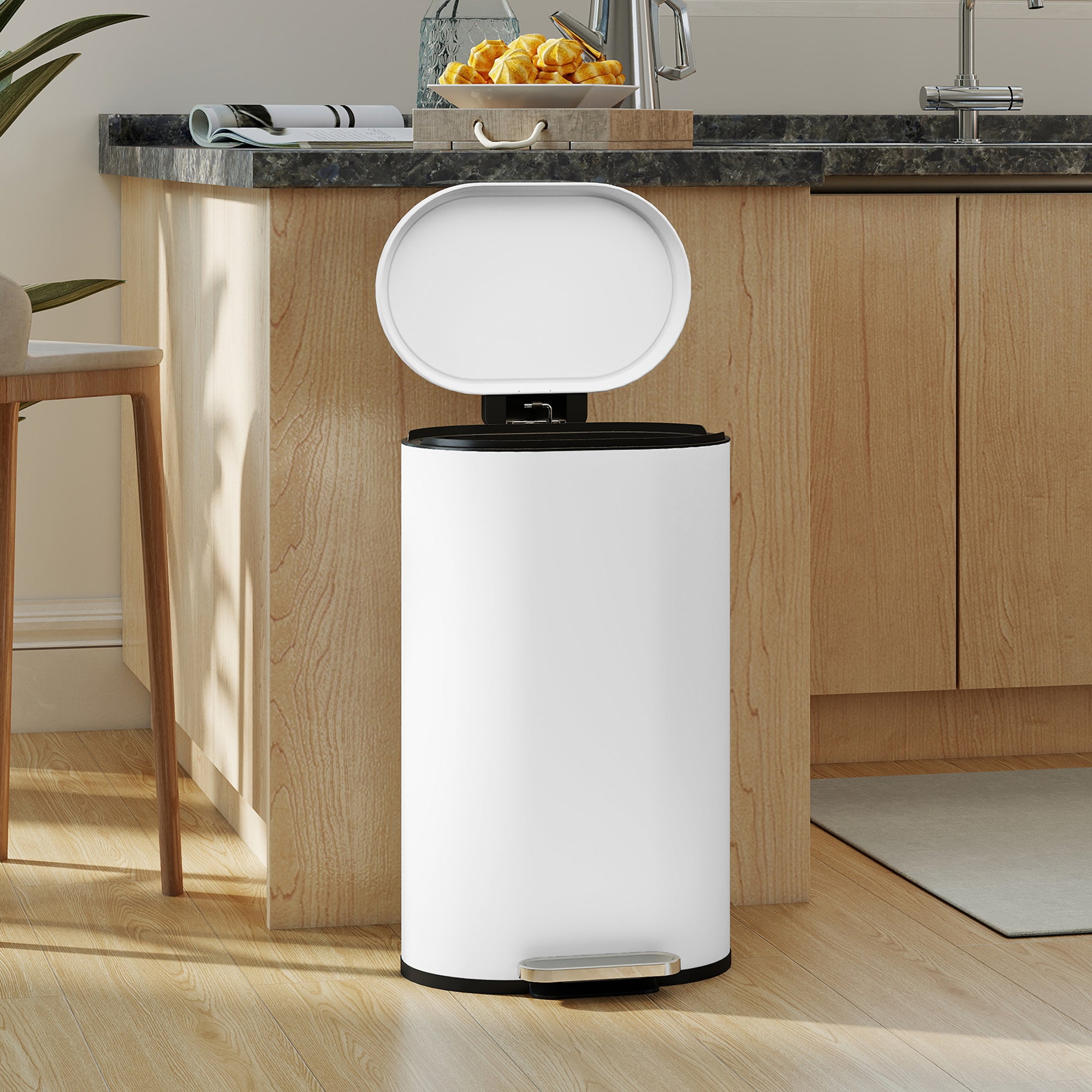 30L Kitchen Bin with 90° Stay-Open Lid, Slim Rectangular Pedal Bin with Soft-Close Lid, Removable Inner Bucket for Home Office, Fingerprint-Resistant, White