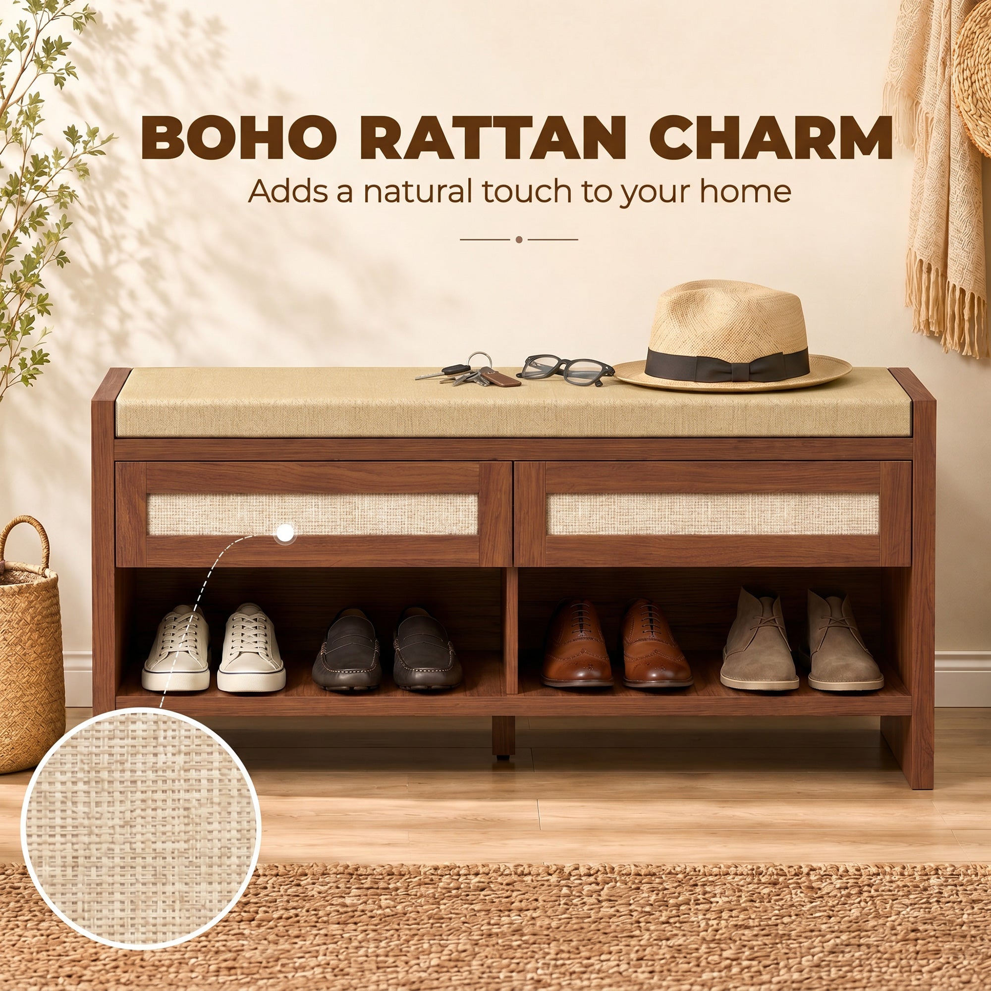 Shoe Bench with 2 Rattan Drawers, Boho Shoe Storage Bench with Linen-Look Cushioned Seat and Open Shelf, for Entryway, Living Room, Bedroom, 108 x 35 x 50 cm, Brown