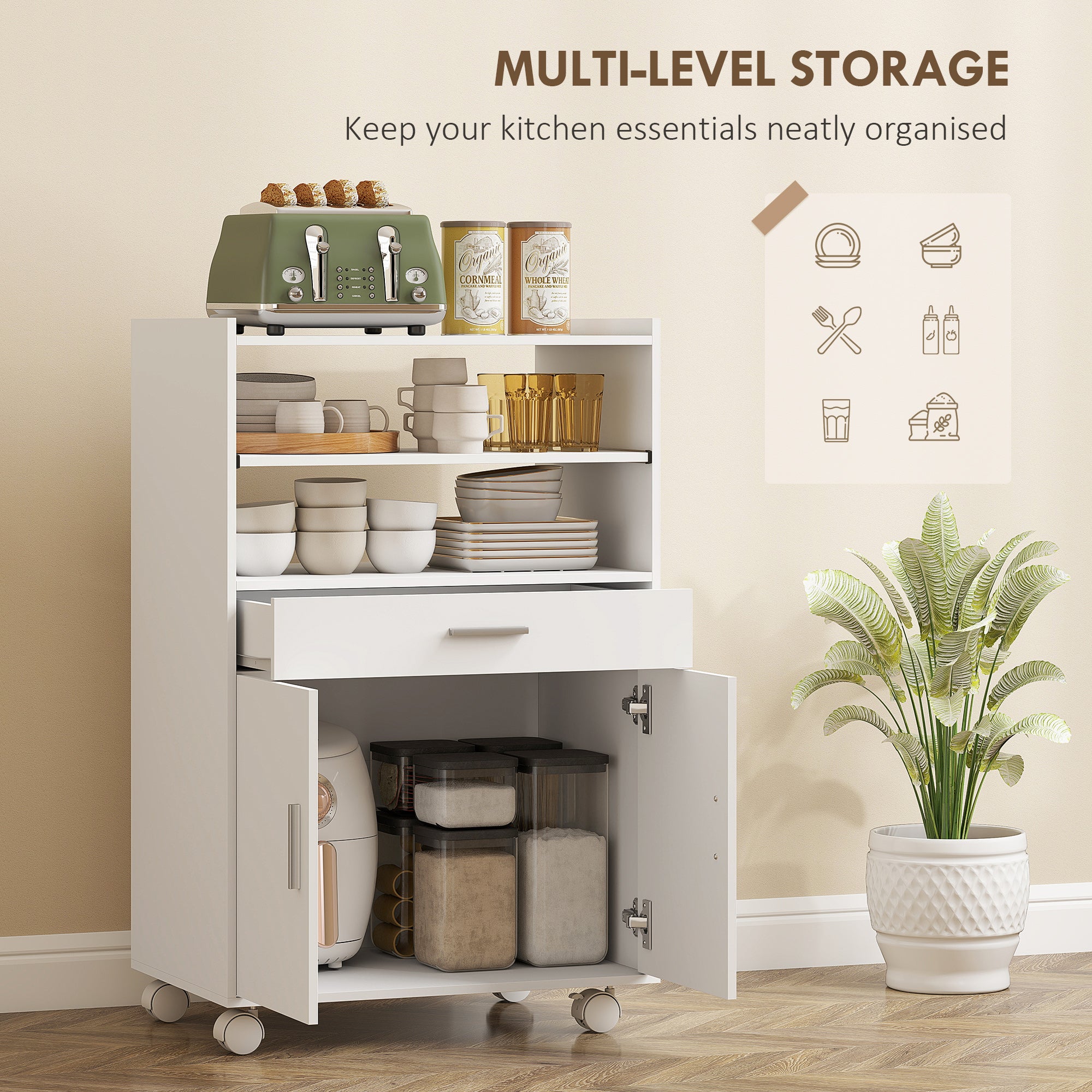 Microwave Cart with Wheels, Microwave Stand with Worktop, Open Shelves and Drawer, Storage Cabinet, White