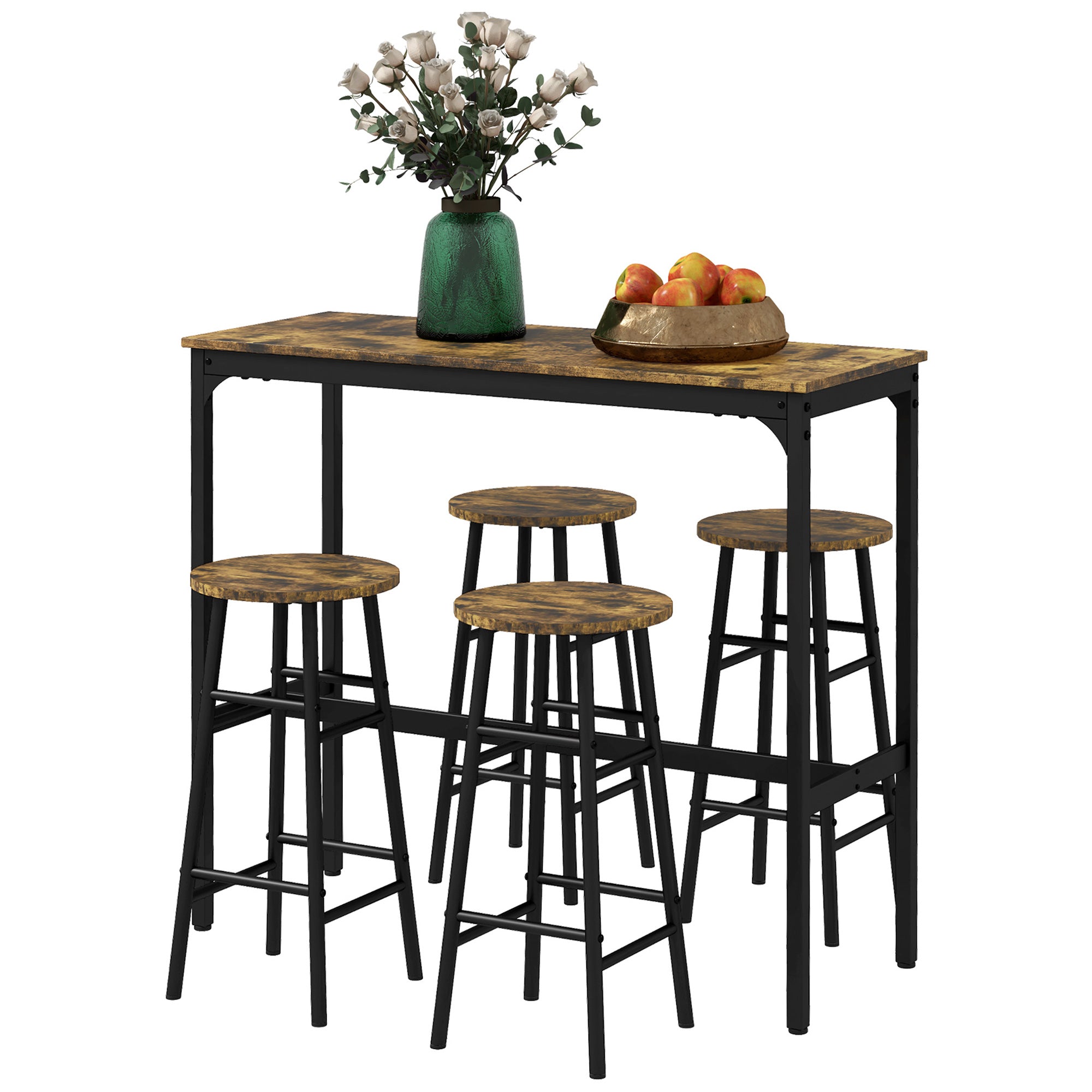 HOMCOM 5 Piece Bar Table Set with 4 Stools, Industrial Bar Table and Stool Set, Dining Table and Chair Set for Small Space, Rustic Brown