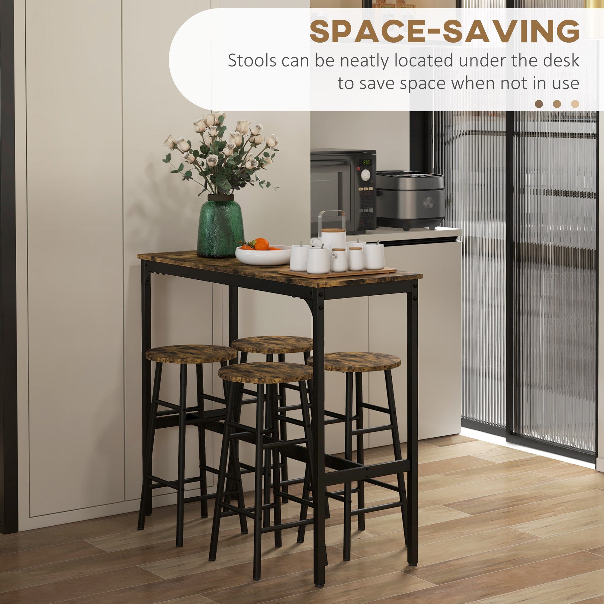 5-Piece Industrial Bar Height Bar Table and Chairs, Set for 4, Rustic Brown