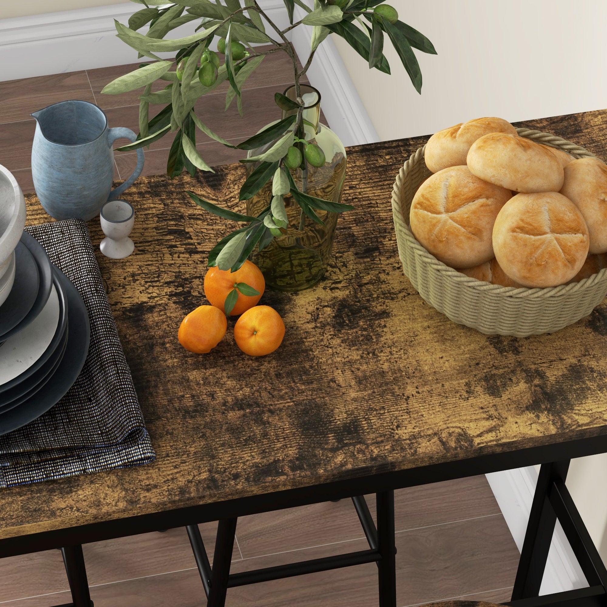 HOMCOM 5 Piece Bar Table Set with 4 Stools, Industrial Bar Table and Stool Set, Dining Table and Chair Set for Small Space, Rustic Brown