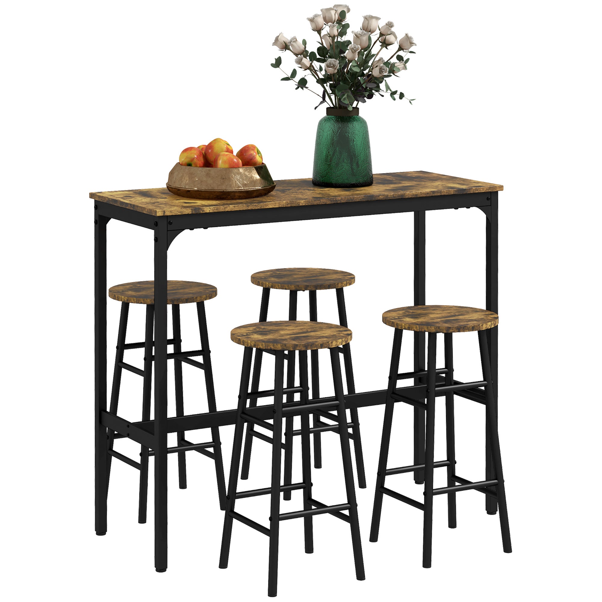 HOMCOM 5 Piece Bar Table Set with 4 Stools, Industrial Bar Table and Stool Set, Dining Table and Chair Set for Small Space, Rustic Brown