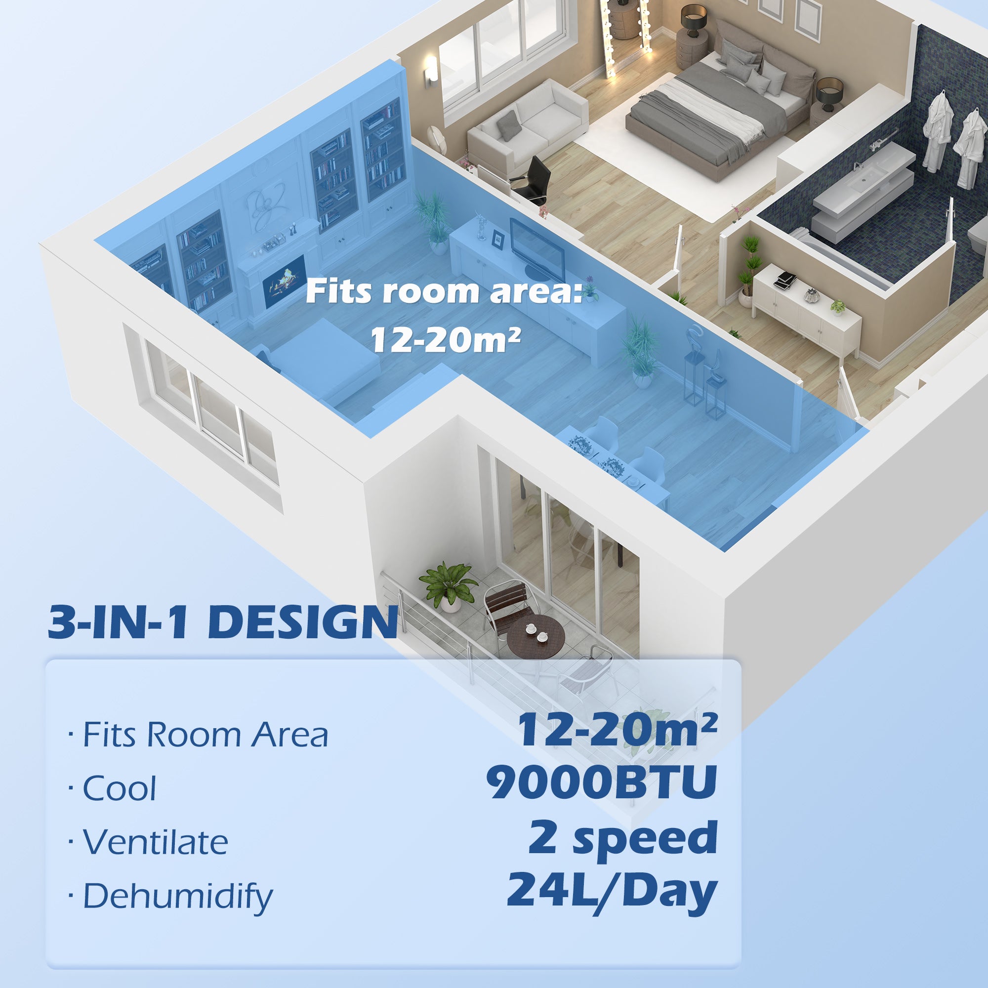 HOMCOM 9000 BTU Air Conditioning Unit, 3-in-1 Portable Air Conditioner, Dehumidifier, Cooling Fan with 2 Speeds, Remote Control, Digital Display, 24H Timer, Window Venting Kit, 20m²