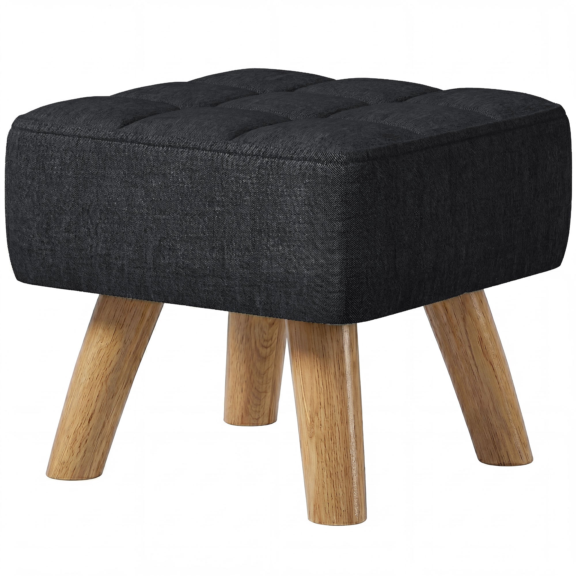 Modern Tufted Footstool, Fabric Foot Stool with Rubber Wood Legs, Padded Seat, for Living Room, Bedroom, Entryway, Black