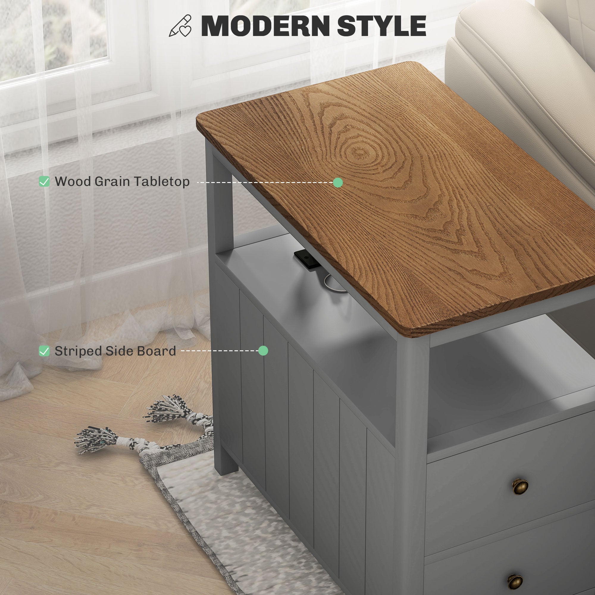 Side Table w/ Charging Station & USB Ports, Narrow End Table w/ Drawers Shelf, Gray