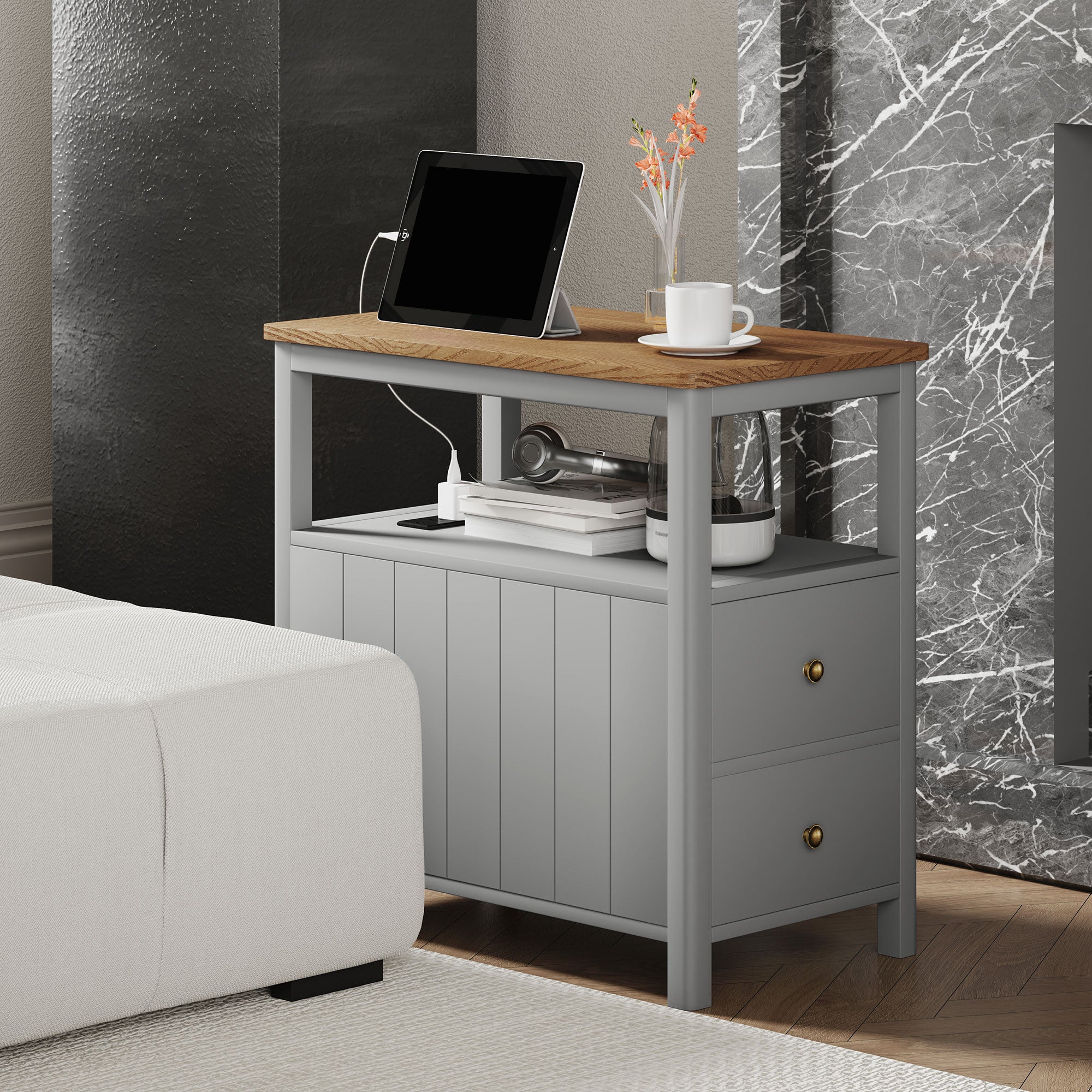Side Table w/ Charging Station & USB Ports, Narrow End Table w/ Drawers Shelf, Gray