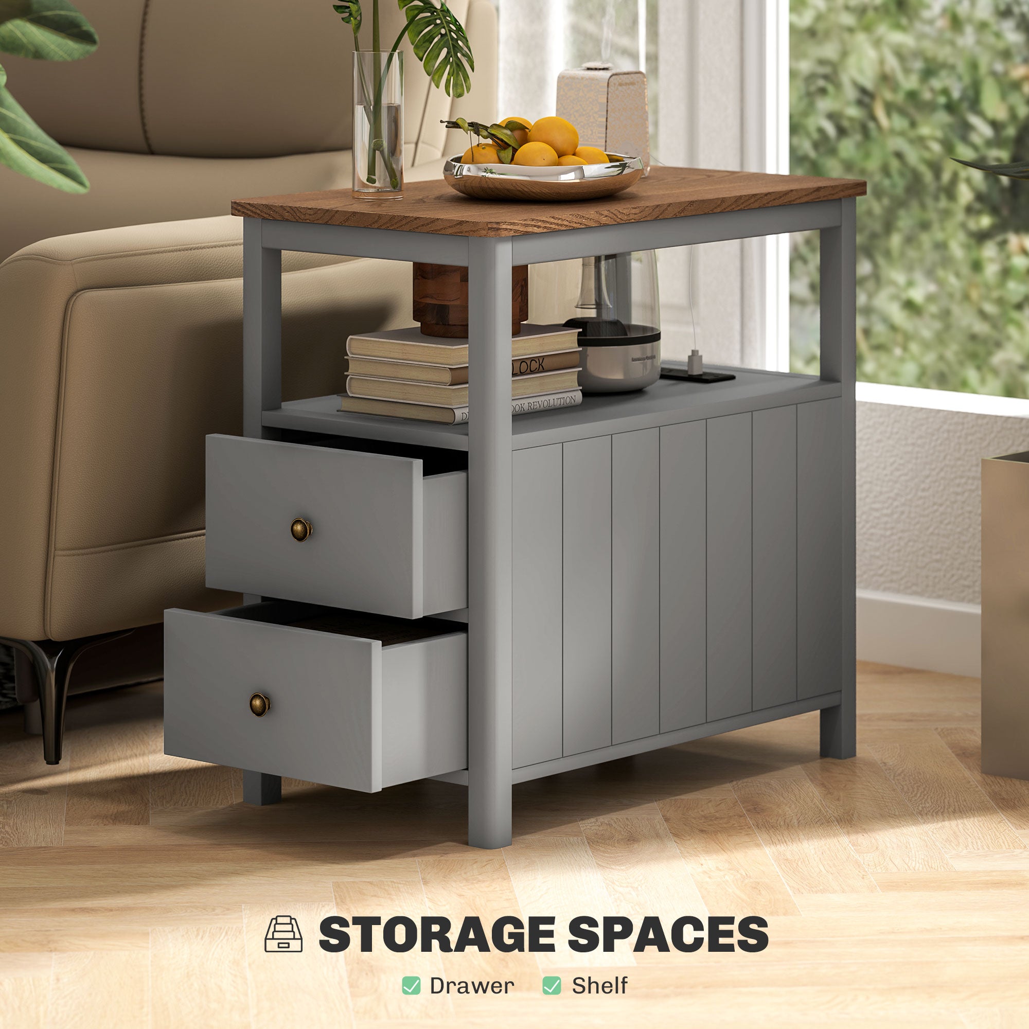 Side Table w/ Charging Station & USB Ports, Narrow End Table w/ Drawers Shelf, Gray