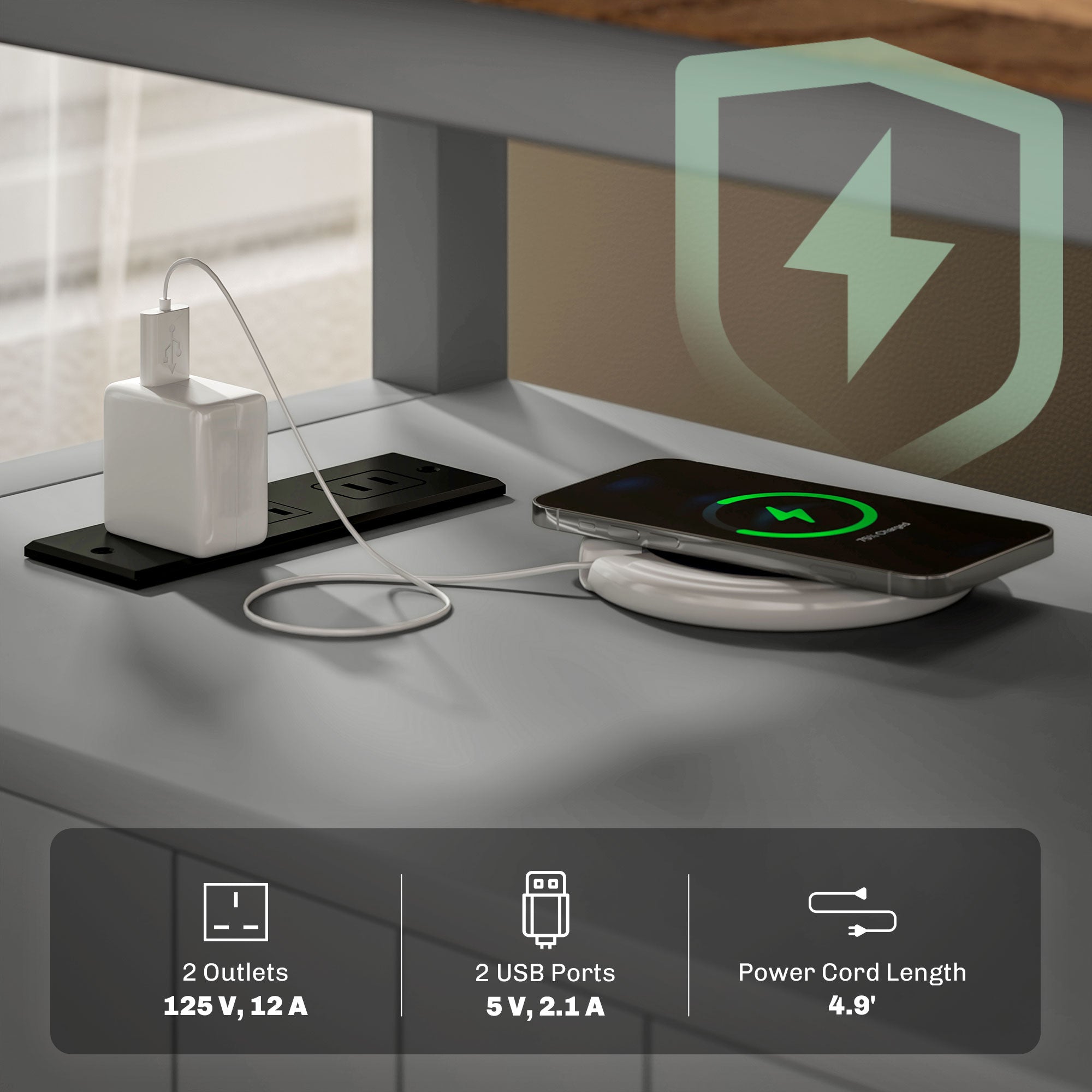 Side Table w/ Charging Station & USB Ports, Narrow End Table w/ Drawers Shelf, Gray