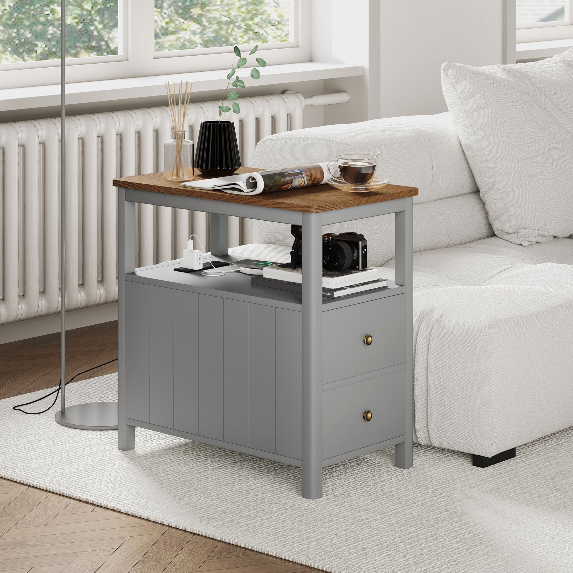 Side Table w/ Charging Station & USB Ports, Narrow End Table w/ Drawers Shelf, Gray