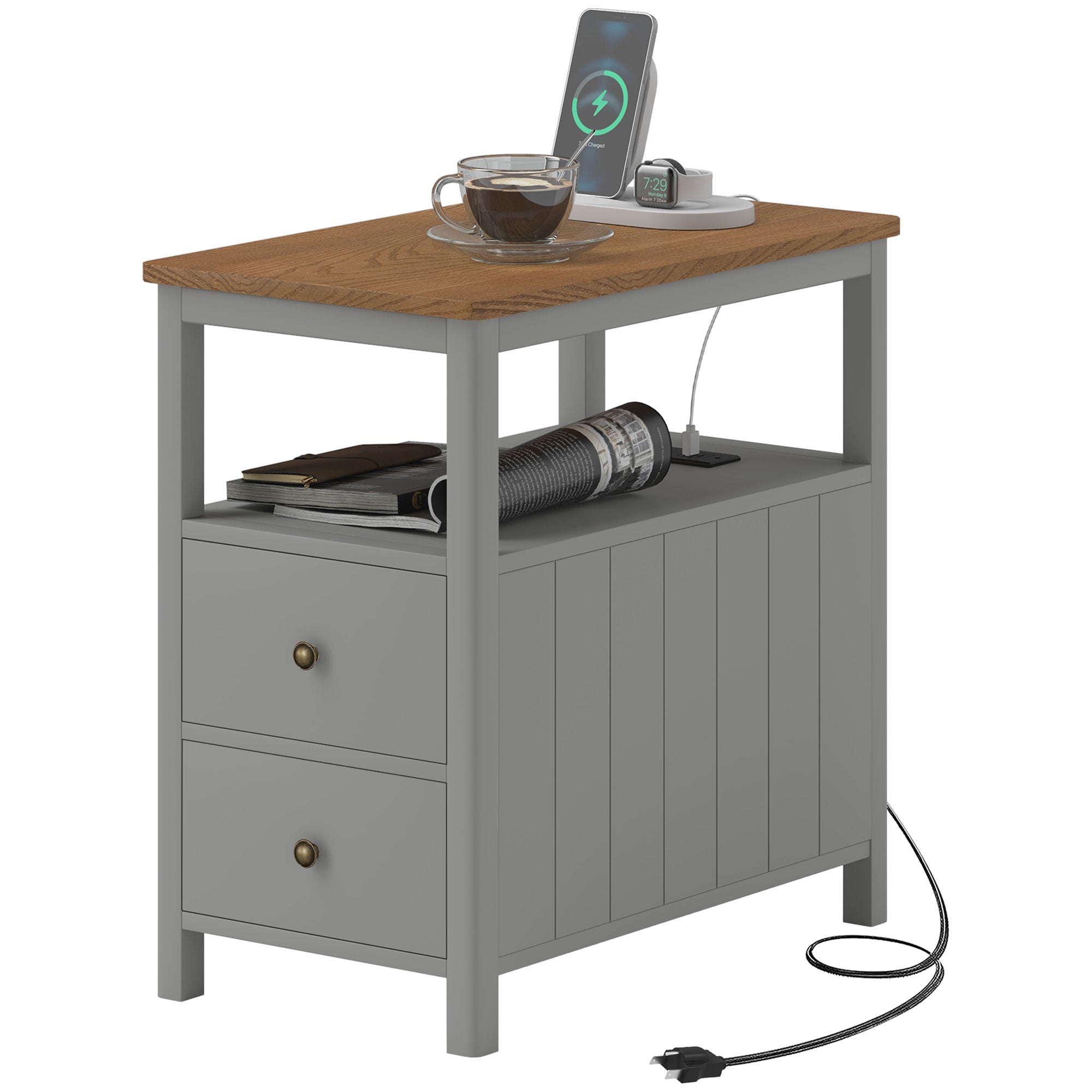 Side Table w/ Charging Station & USB Ports, Narrow End Table w/ Drawers Shelf, Gray