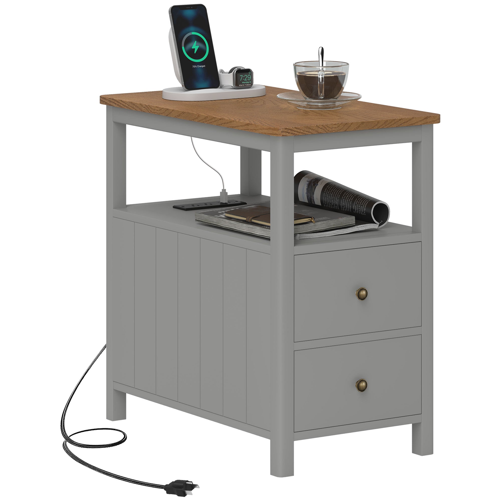 Side Table w/ Charging Station & USB Ports, Narrow End Table w/ Drawers Shelf, Gray