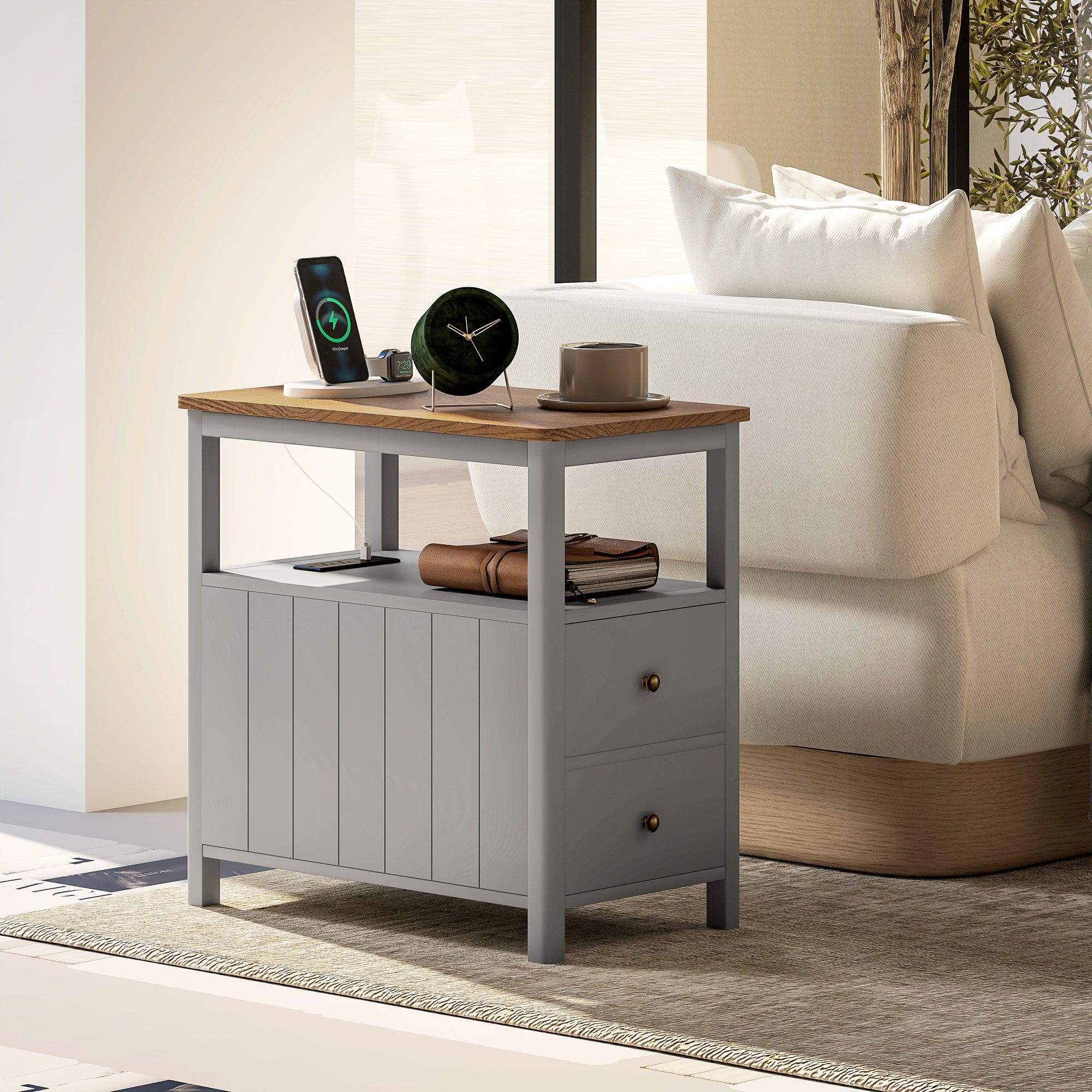 Side Table w/ Charging Station & USB Ports, Narrow End Table w/ Drawers Shelf, Gray