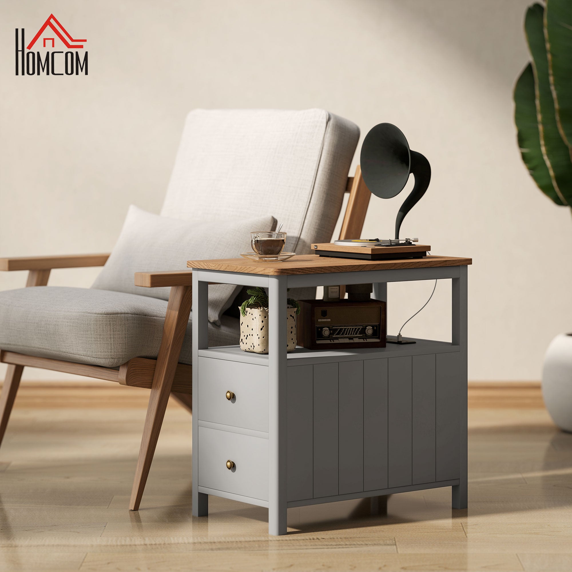 Side Table w/ Charging Station & USB Ports, Narrow End Table w/ Drawers Shelf, Gray