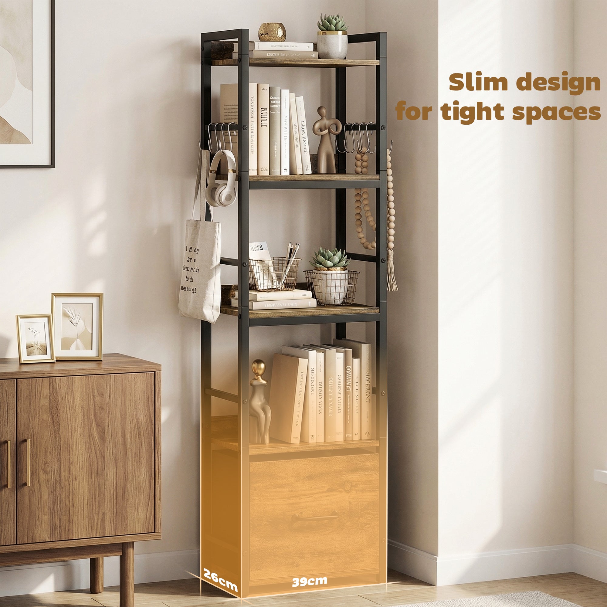 4-Tier Bookshelf, Narrow Bookcase with Drawer, 8 Hooks, Metal Frame, Shelving Unit for Living Room, Bedroom, Home Office, 39 x 26 x 136.5 cm, Rustic Brown