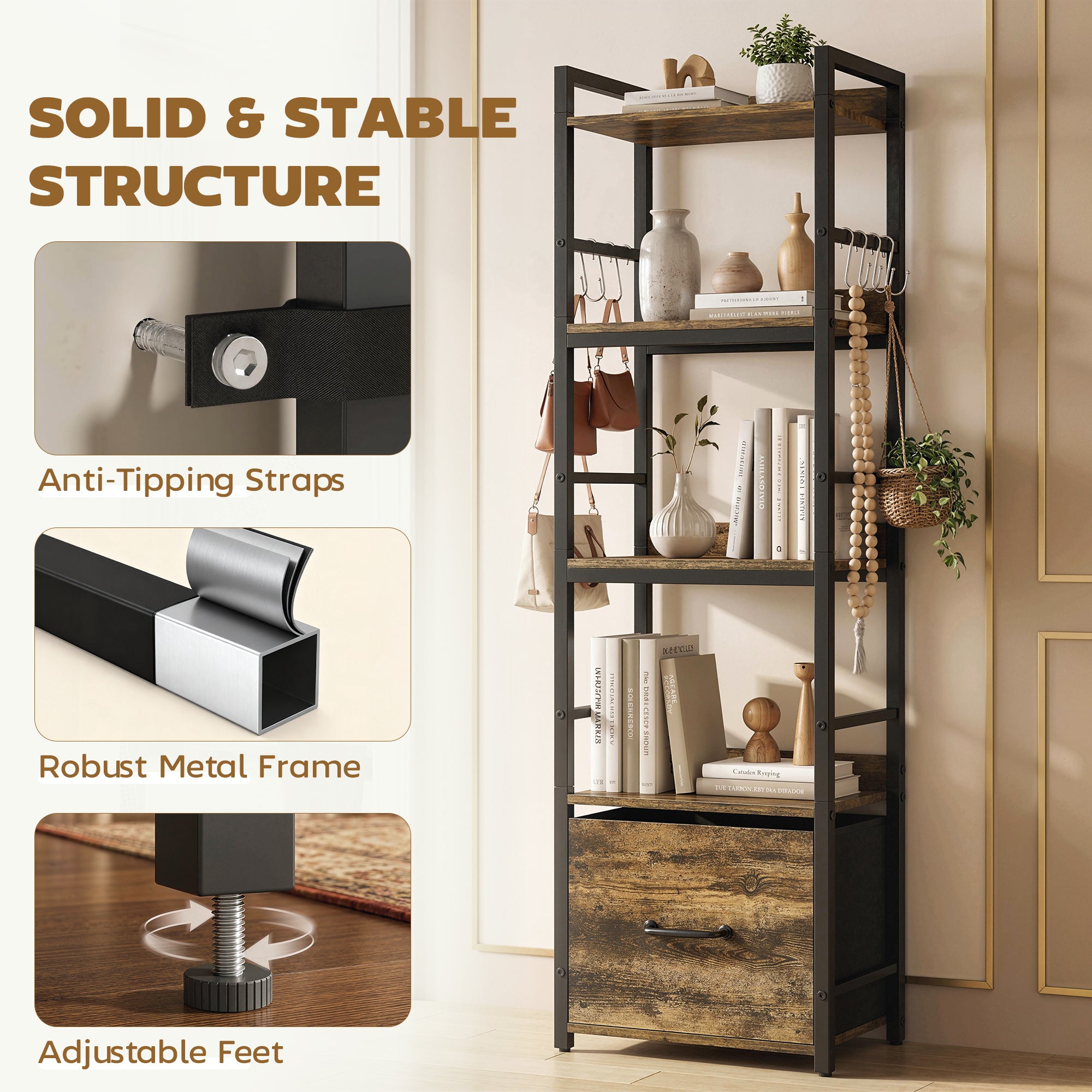 4-Tier Bookshelf, Narrow Bookcase with Drawer, 8 Hooks, Metal Frame, Shelving Unit for Living Room, Bedroom, Home Office, 39 x 26 x 136.5 cm, Rustic Brown