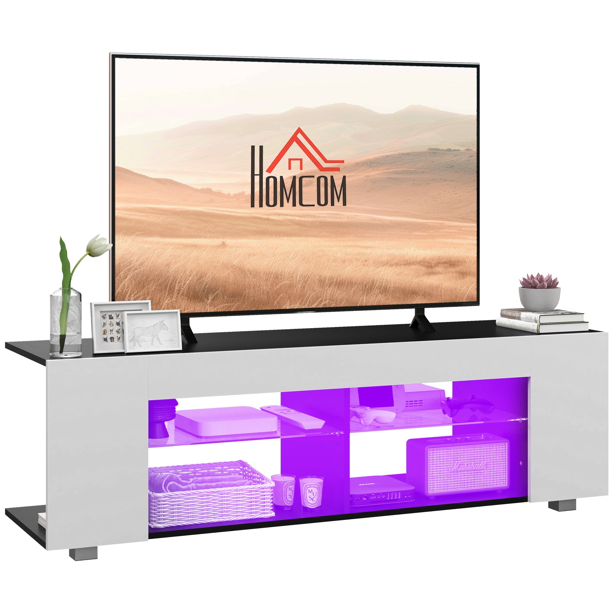 HOMCOM TV Stand Cabinet, 145cm Modern TV Unit with Glass Shelves, RGB LED Light for Living Room, Entertainment Unit for 32 40 43 50 52 55 60 inch 4k TV, White