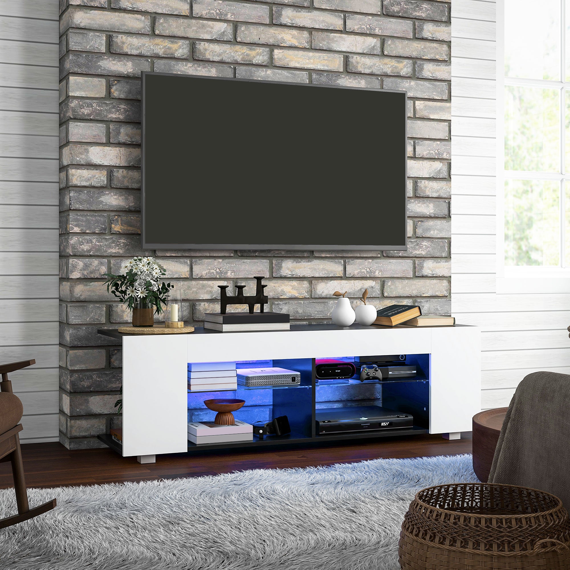 HOMCOM TV Stand Cabinet, 145cm Modern TV Unit with Glass Shelves, RGB LED Light for Living Room, Entertainment Unit for 32 40 43 50 52 55 60 inch 4k TV, White