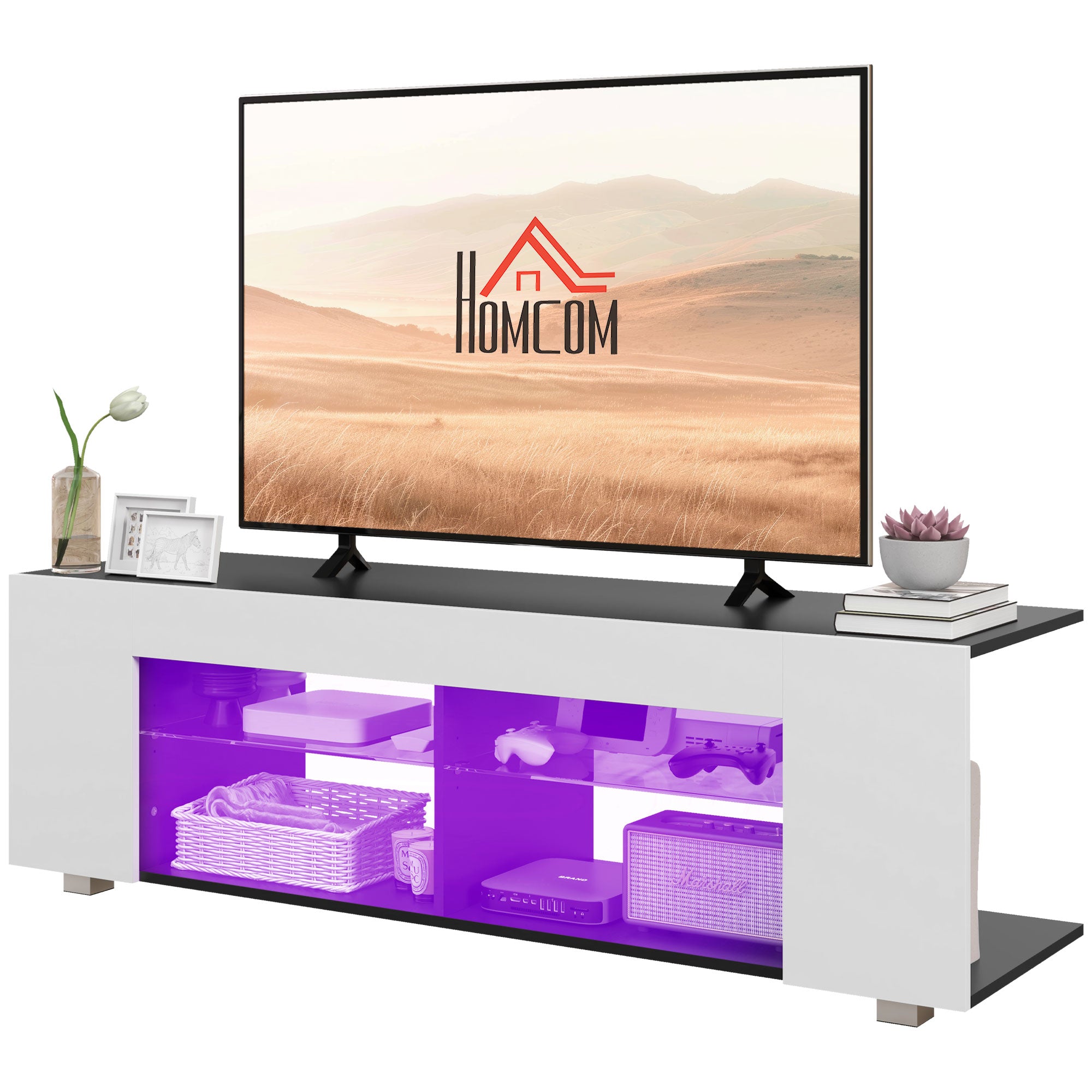 HOMCOM TV Stand Cabinet, 145cm Modern TV Unit with Glass Shelves, RGB LED Light for Living Room, Entertainment Unit for 32 40 43 50 52 55 60 inch 4k TV, White