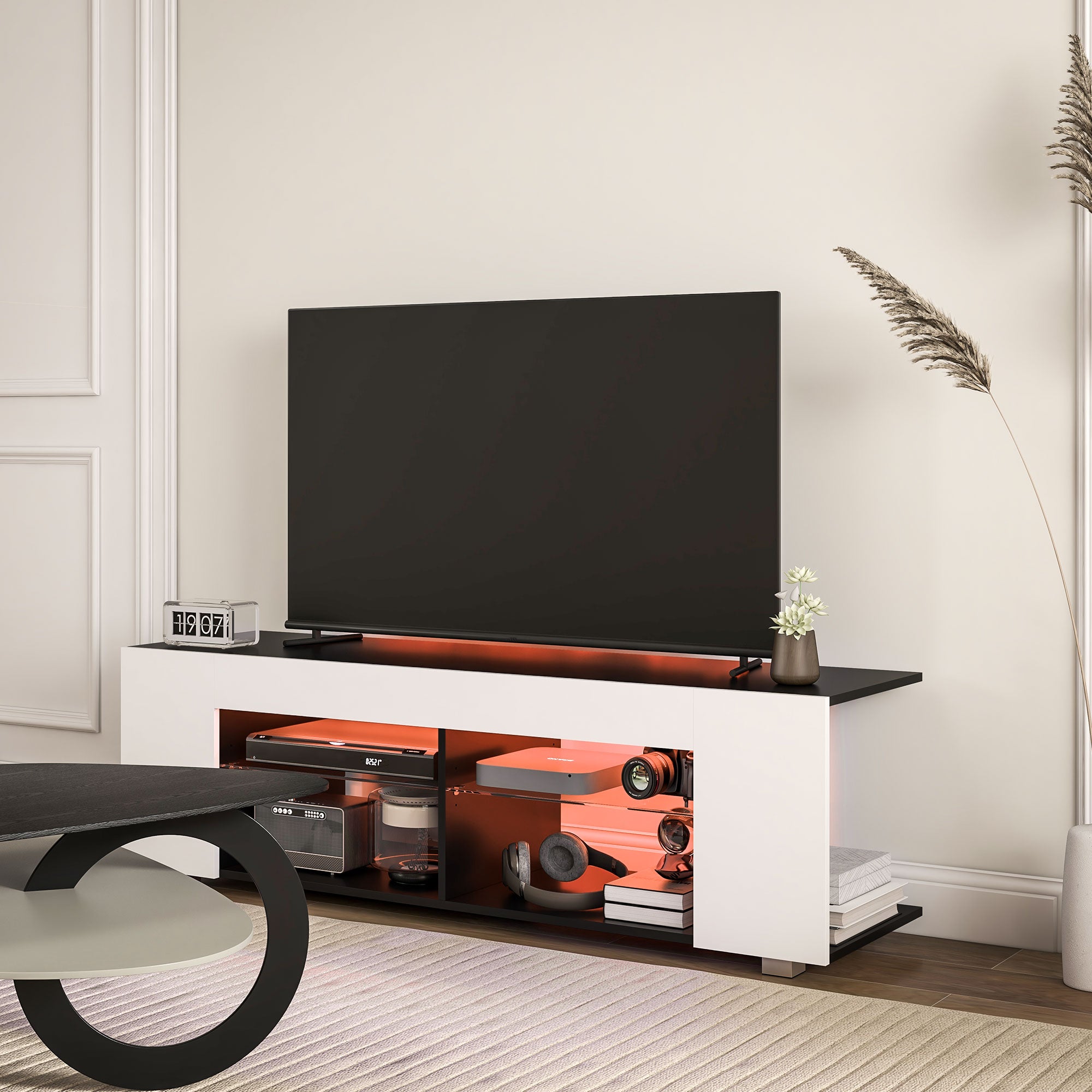 HOMCOM TV Stand Cabinet, 145cm Modern TV Unit with Glass Shelves, RGB LED Light for Living Room, Entertainment Unit for 32 40 43 50 52 55 60 inch 4k TV, White