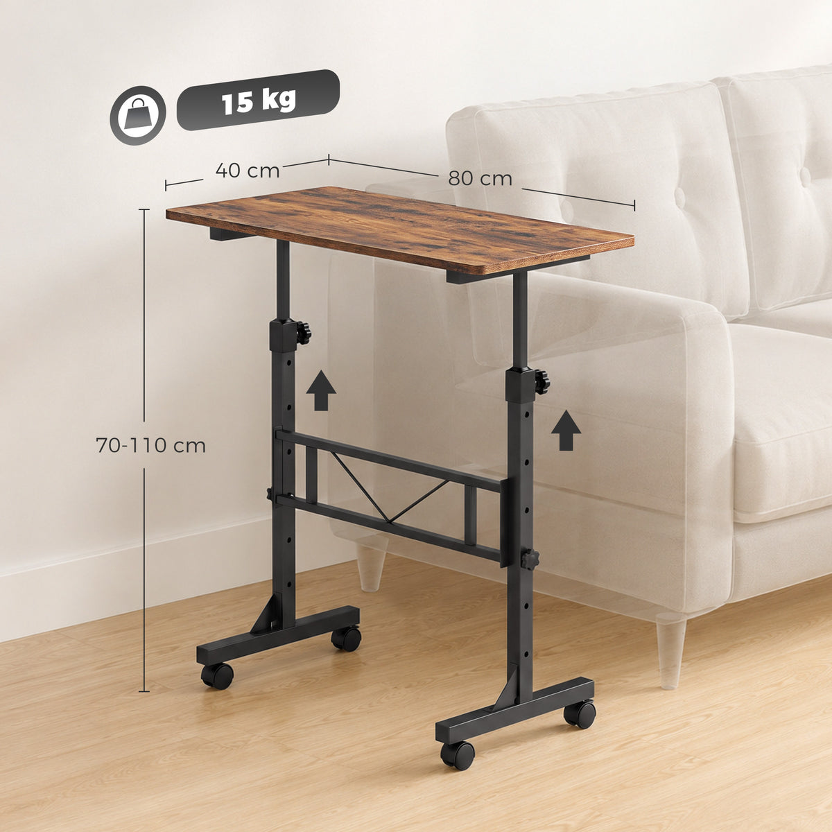 Overbed Table With Wheels and Brakes, Adjustable Height Laptop Desk, Portable Hospital Bed Table with Steel Frame for Living Room, Bedroom and Study, Rustic Brown and Black
