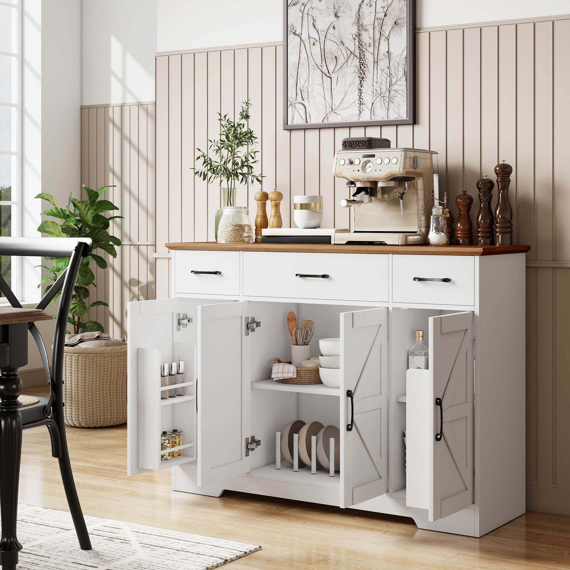 47" Sideboard Buffet Cabinet, Farmhouse Credenza with Soft-Close Hinges, Coffee Bar Cabinet with Spice Racks, 3 Drawers and 3 Adjustable Shelves, White