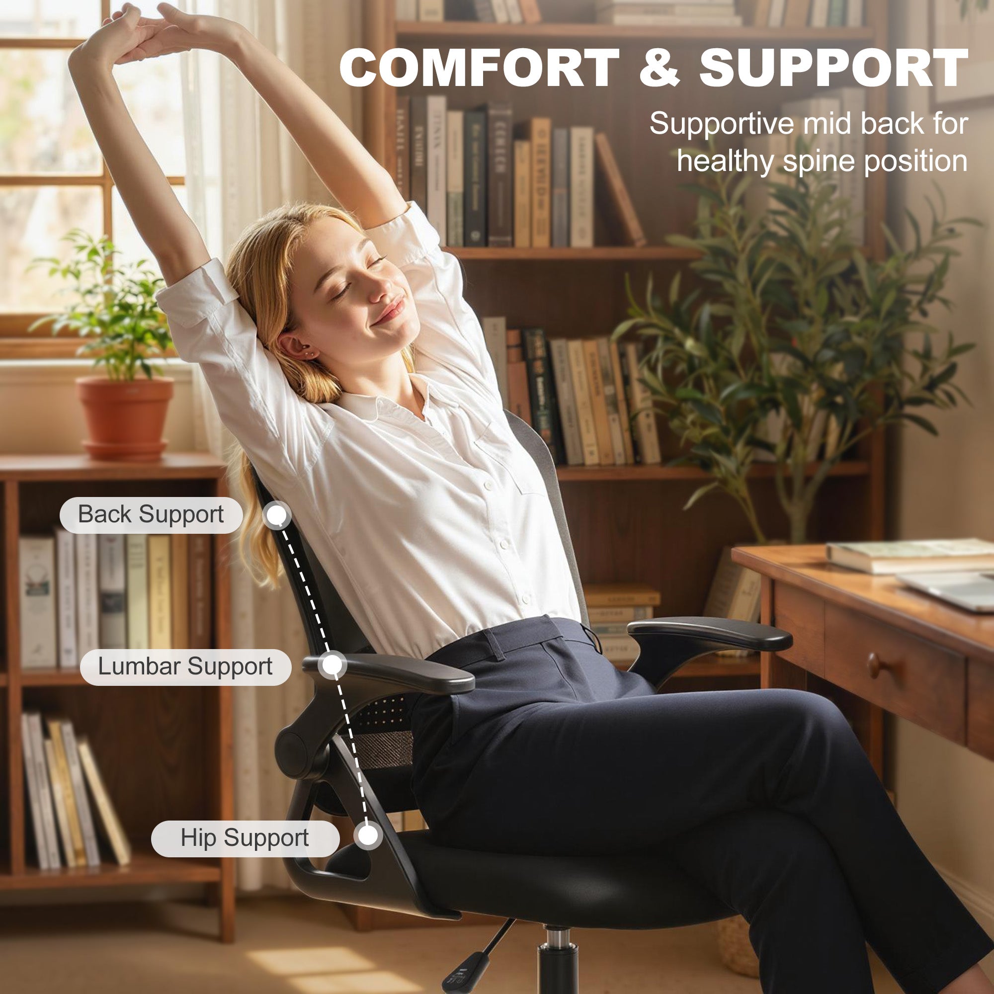 Drafting Chair, Mesh Standing Desk Chair with Flip-up Armrests, Adjustable Height and Footrest, Lumbar Support, Rolling Wheels for Home Office, Black