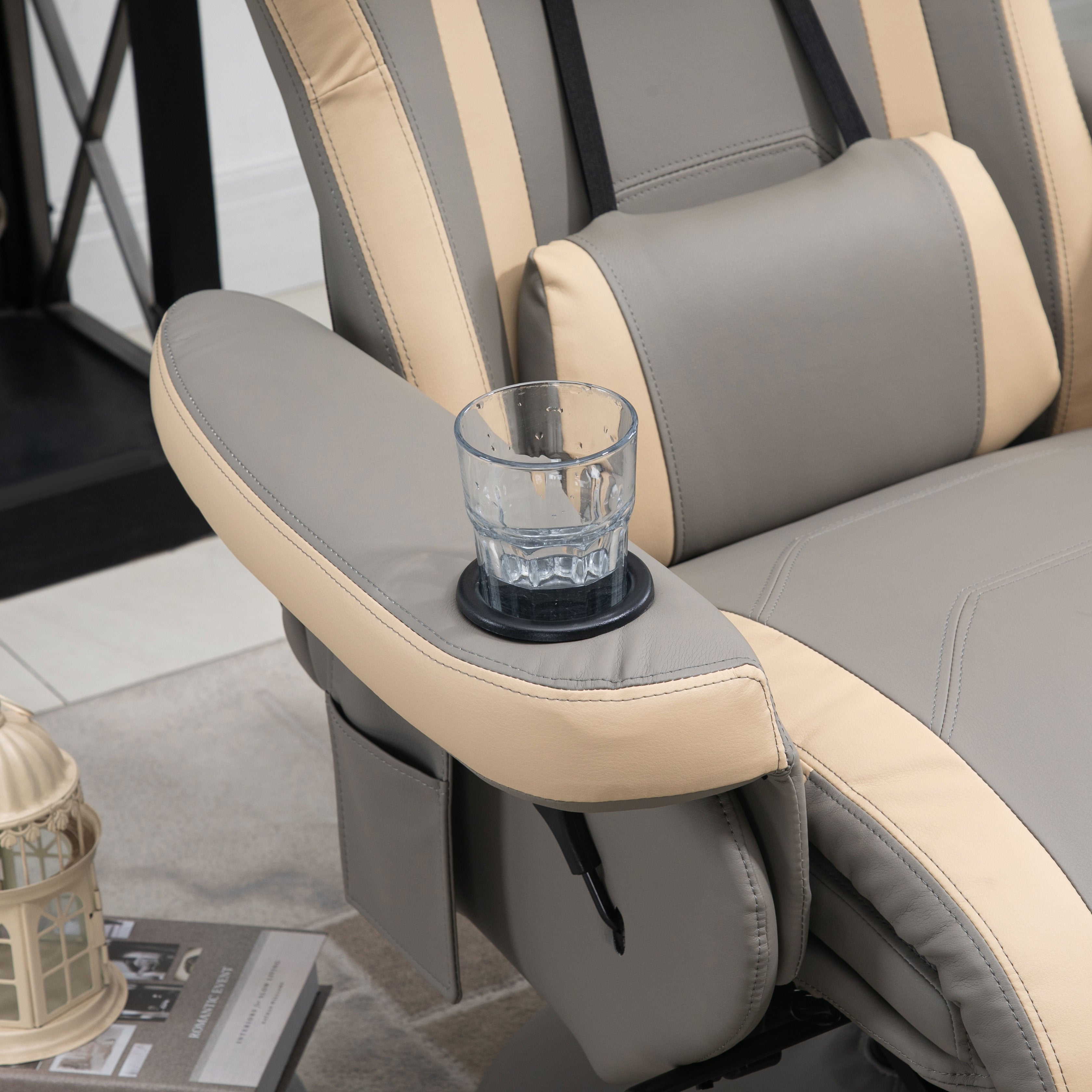 HOMCOM Manual Reclining Gaming Chair, 360° Swivel Racing Video Gaming Recliner with Footrest, Headrest and Cup Holder, PU Leather Armchair with Storage Pocket, Grey