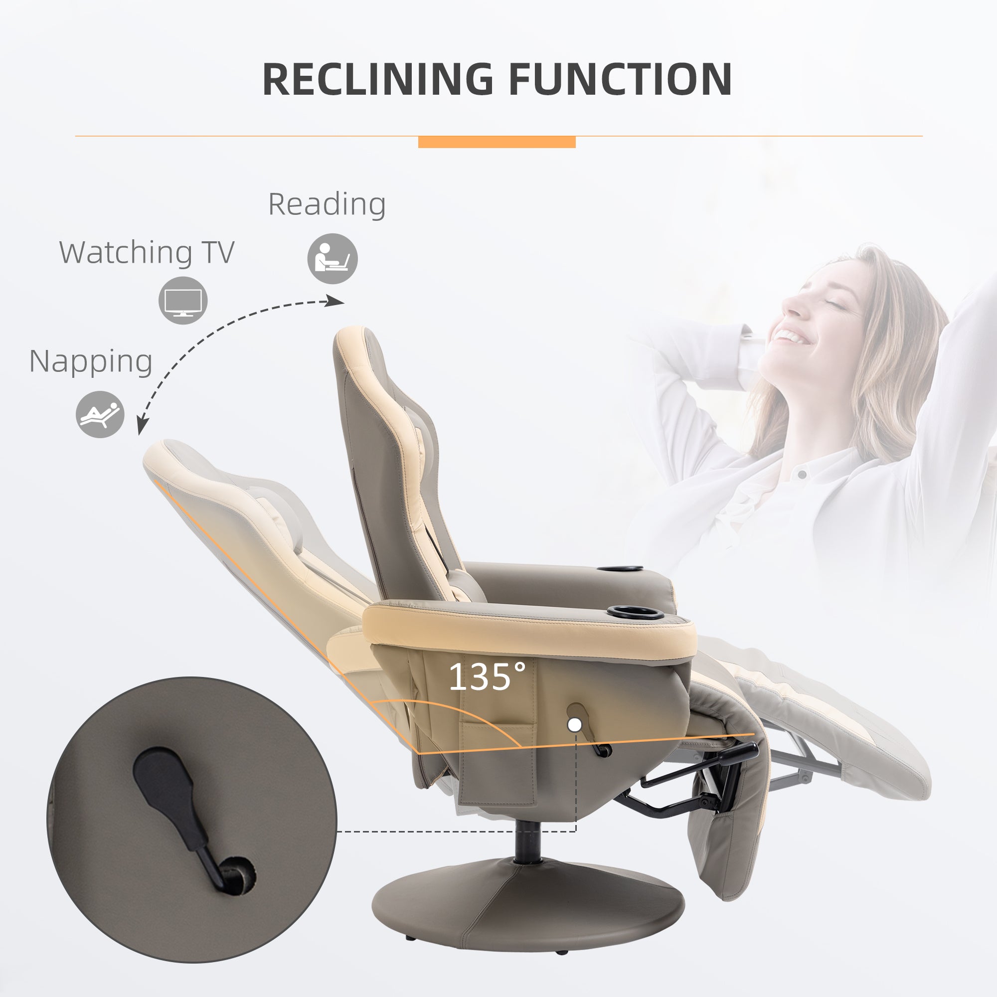 HOMCOM Manual Reclining Gaming Chair, 360° Swivel Racing Video Gaming Recliner with Footrest, Headrest and Cup Holder, PU Leather Armchair with Storage Pocket, Grey