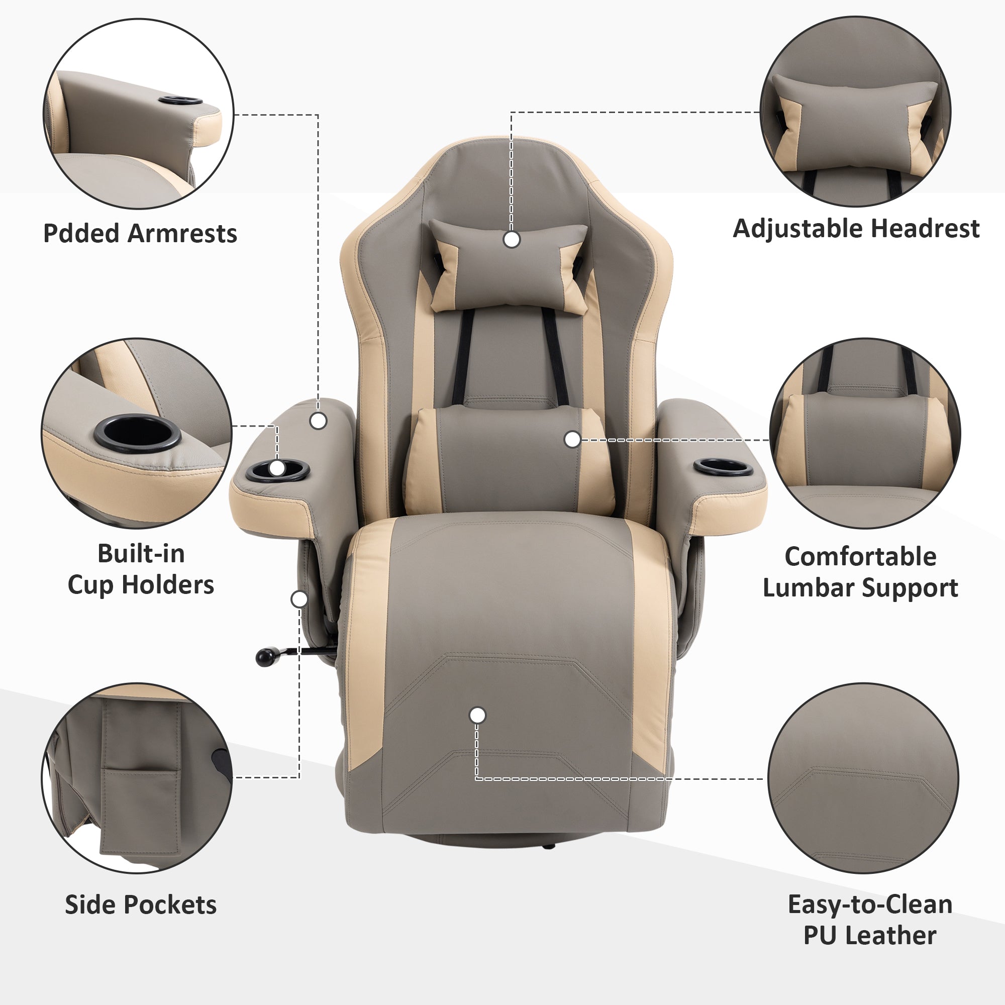HOMCOM Manual Reclining Gaming Chair, 360° Swivel Racing Video Gaming Recliner with Footrest, Headrest and Cup Holder, PU Leather Armchair with Storage Pocket, Grey