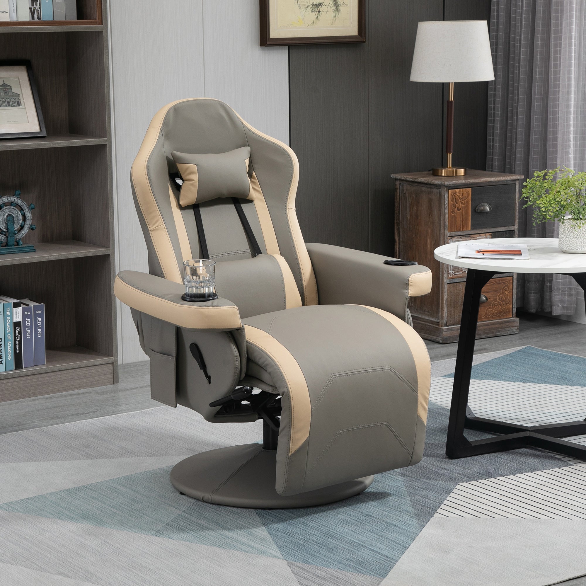HOMCOM Manual Reclining Gaming Chair, 360° Swivel Racing Video Gaming Recliner with Footrest, Headrest and Cup Holder, PU Leather Armchair with Storage Pocket, Grey