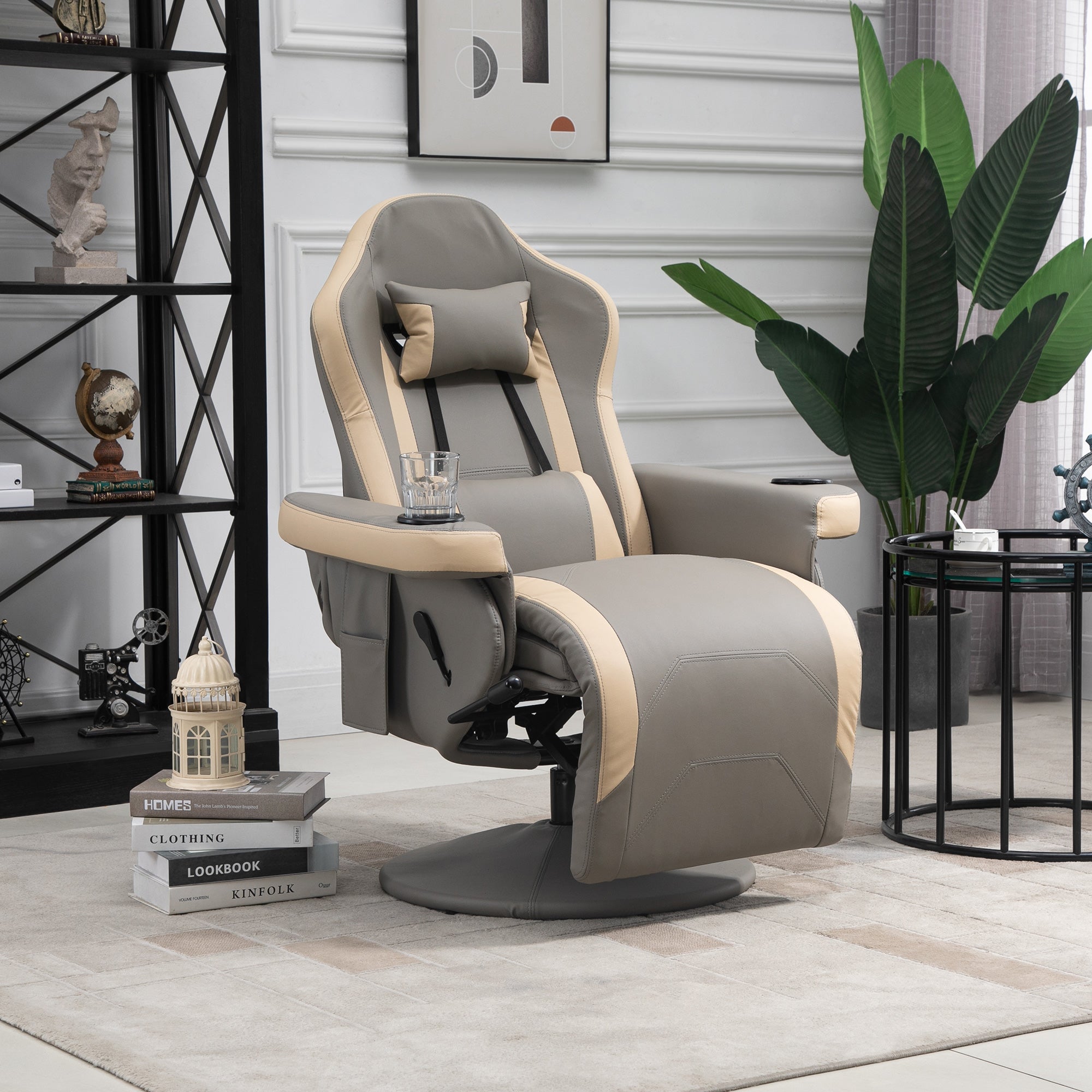 HOMCOM Manual Reclining Gaming Chair, 360° Swivel Racing Video Gaming Recliner with Footrest, Headrest and Cup Holder, PU Leather Armchair with Storage Pocket, Grey
