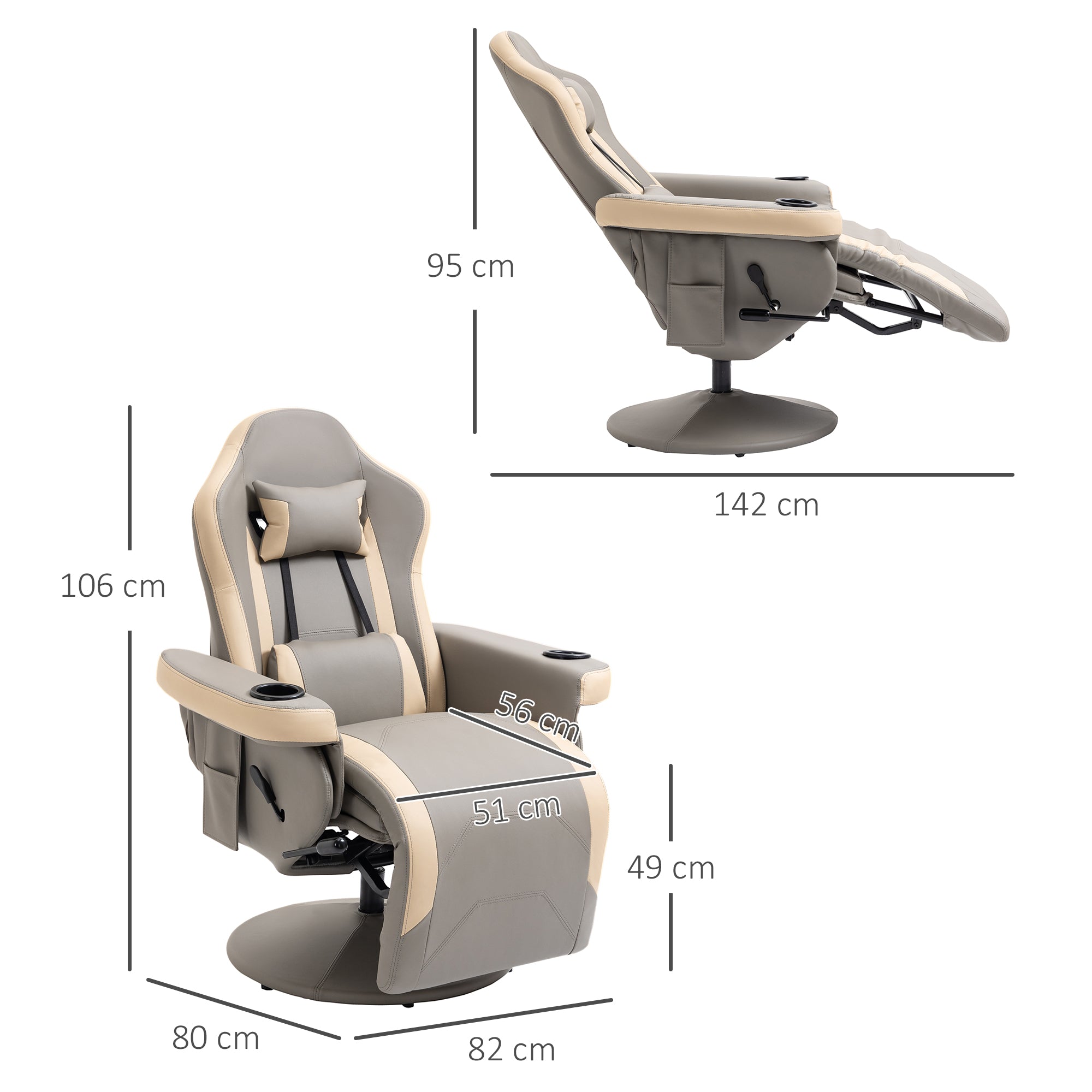 HOMCOM Manual Reclining Gaming Chair, 360° Swivel Racing Video Gaming Recliner with Footrest, Headrest and Cup Holder, PU Leather Armchair with Storage Pocket, Grey